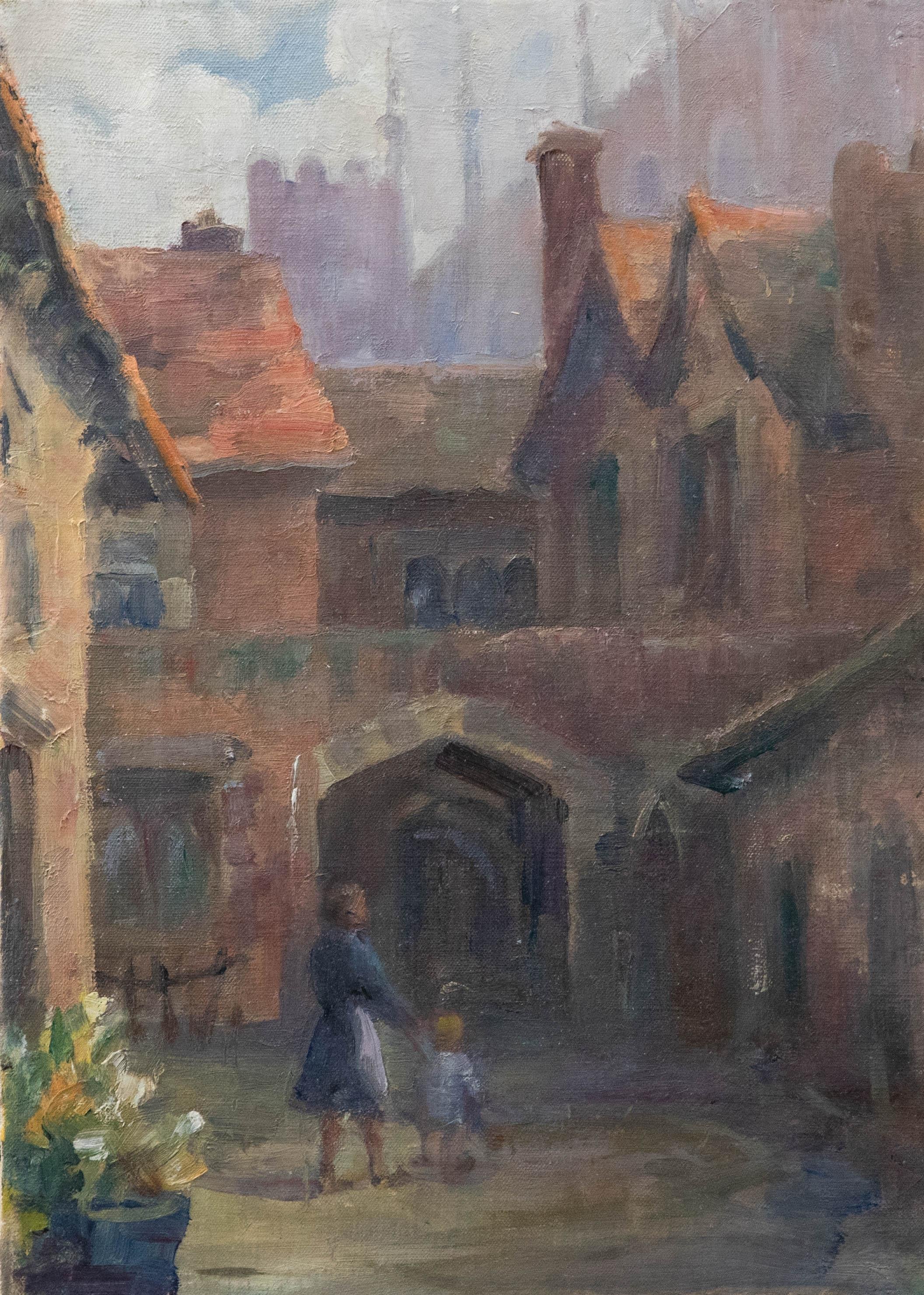 Unknown Landscape Painting - Mid 20th Century Oil - Tudor Cloisters at Hampton Court
