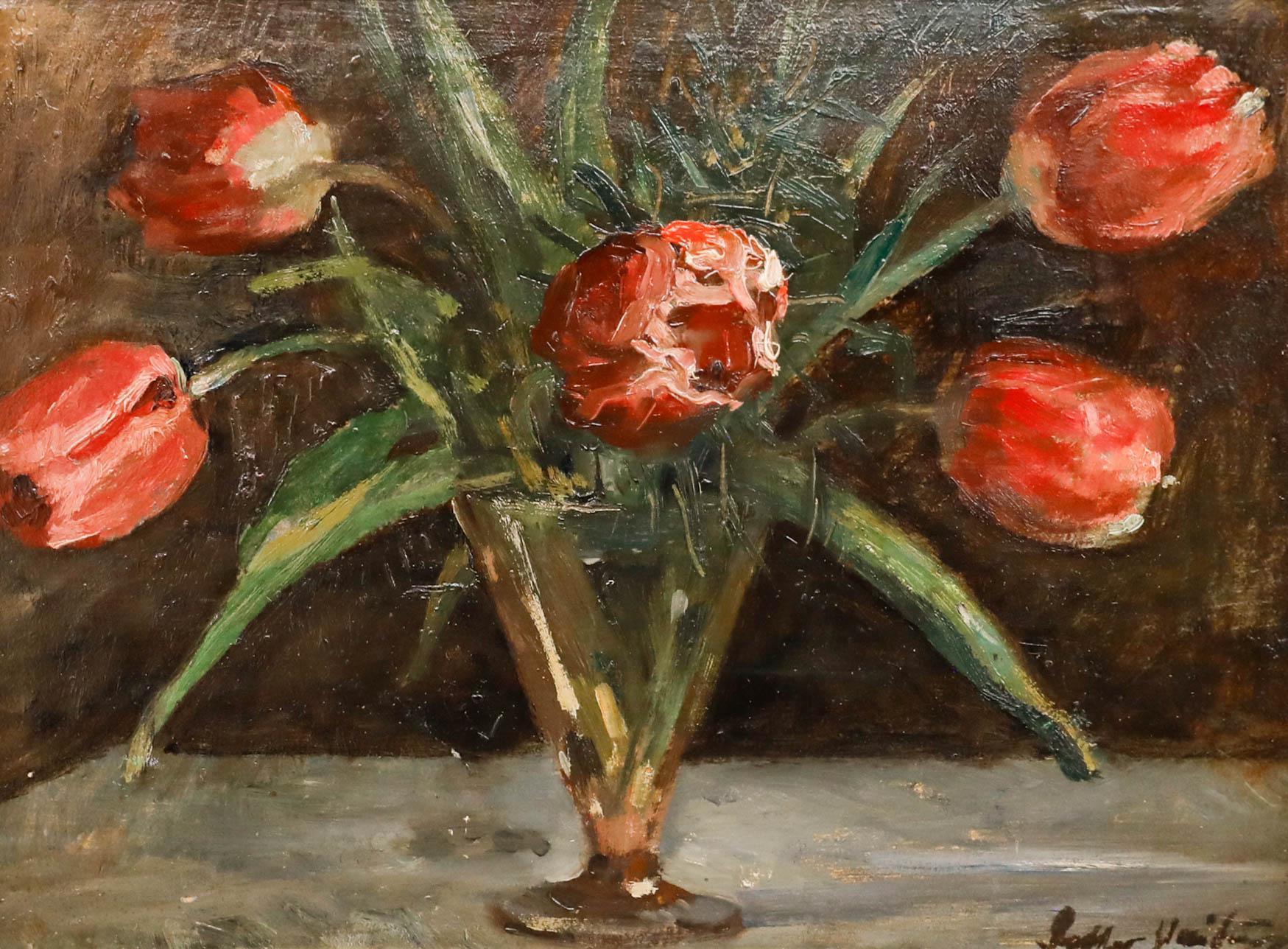 Mitte 20. Jahrhundert Öl - Tulpen in einer Glasvase – Painting von Unknown