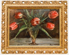 Olio della metà del XX secolo - Tulipani in un vaso di vetro