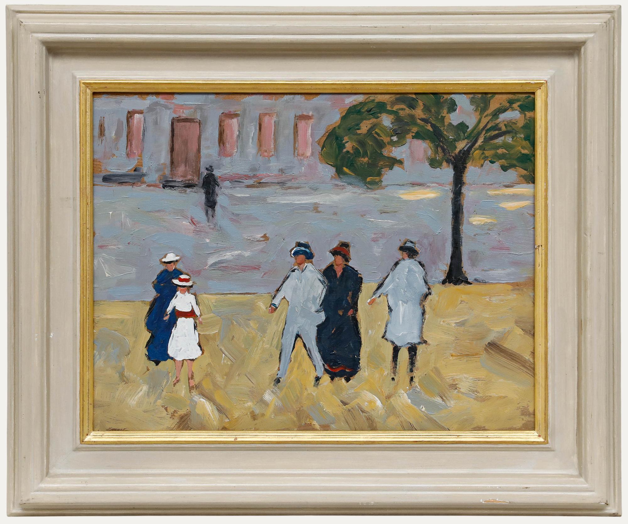 Unknown Figurative Painting - Mid 20th Century Oil - Twilight Stroll