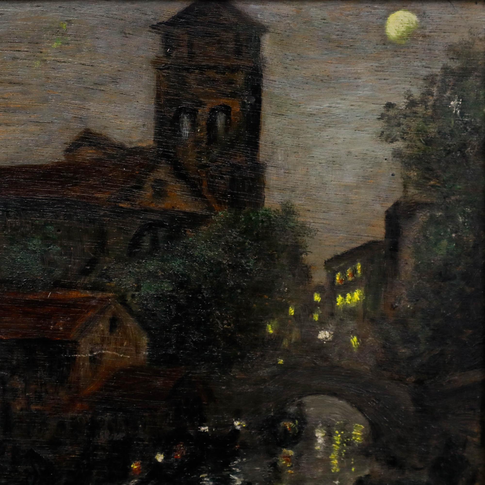 Un maravilloso estudio impresionista de Venecia de noche, con las luces de la ciudad reflejándose en sus famosos canales. La luna asoma entre las nubes. Bien presentado en un marco de efecto dorado con esquinas barridas. Sin firmar. En el panel.