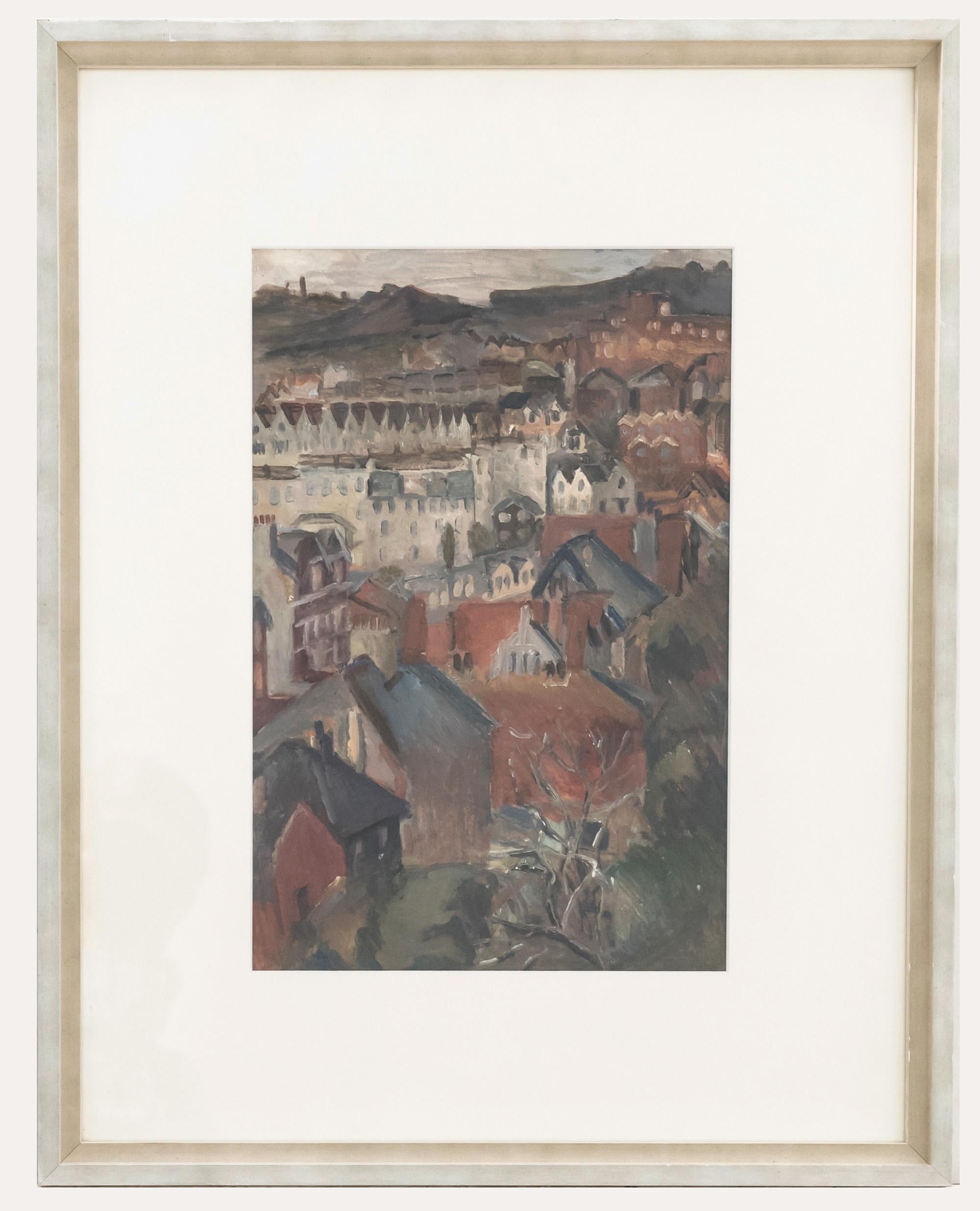 Unknown Landscape Painting – Mitte 20. Jahrhundert Öl, Blick über die Townes