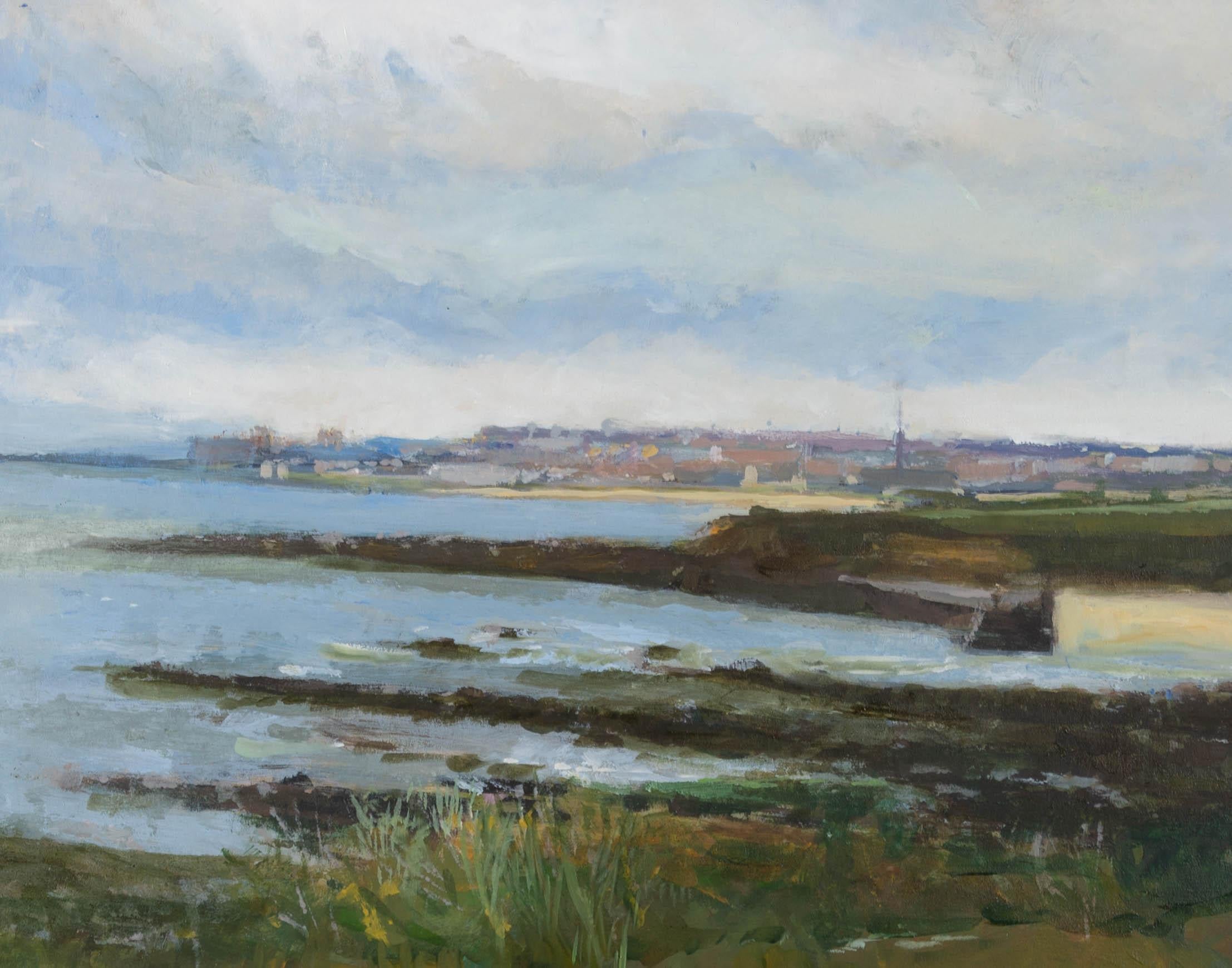 Ölgemälde aus der Mitte des 20. Jahrhunderts – Ansicht einer entfernten Stadt (Braun), Figurative Painting, von Unknown