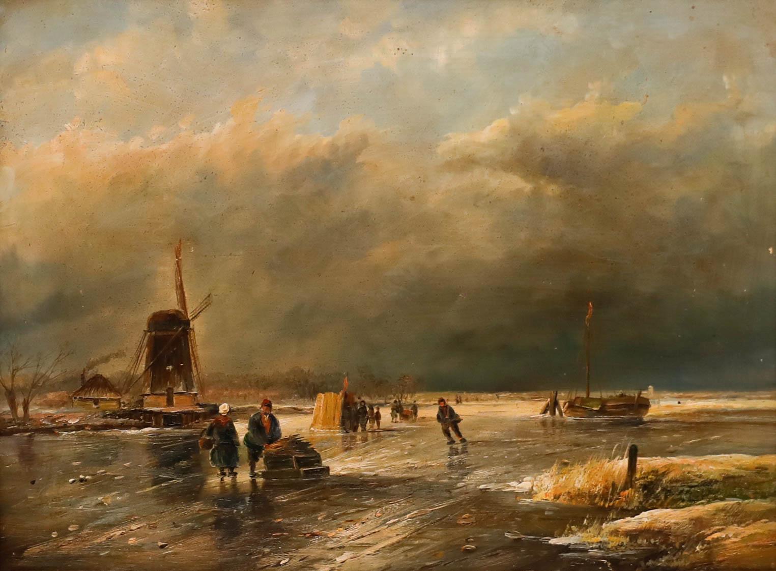 Huile du milieu du 20e siècle - Villageois sur le lac gelé - Painting de Unknown