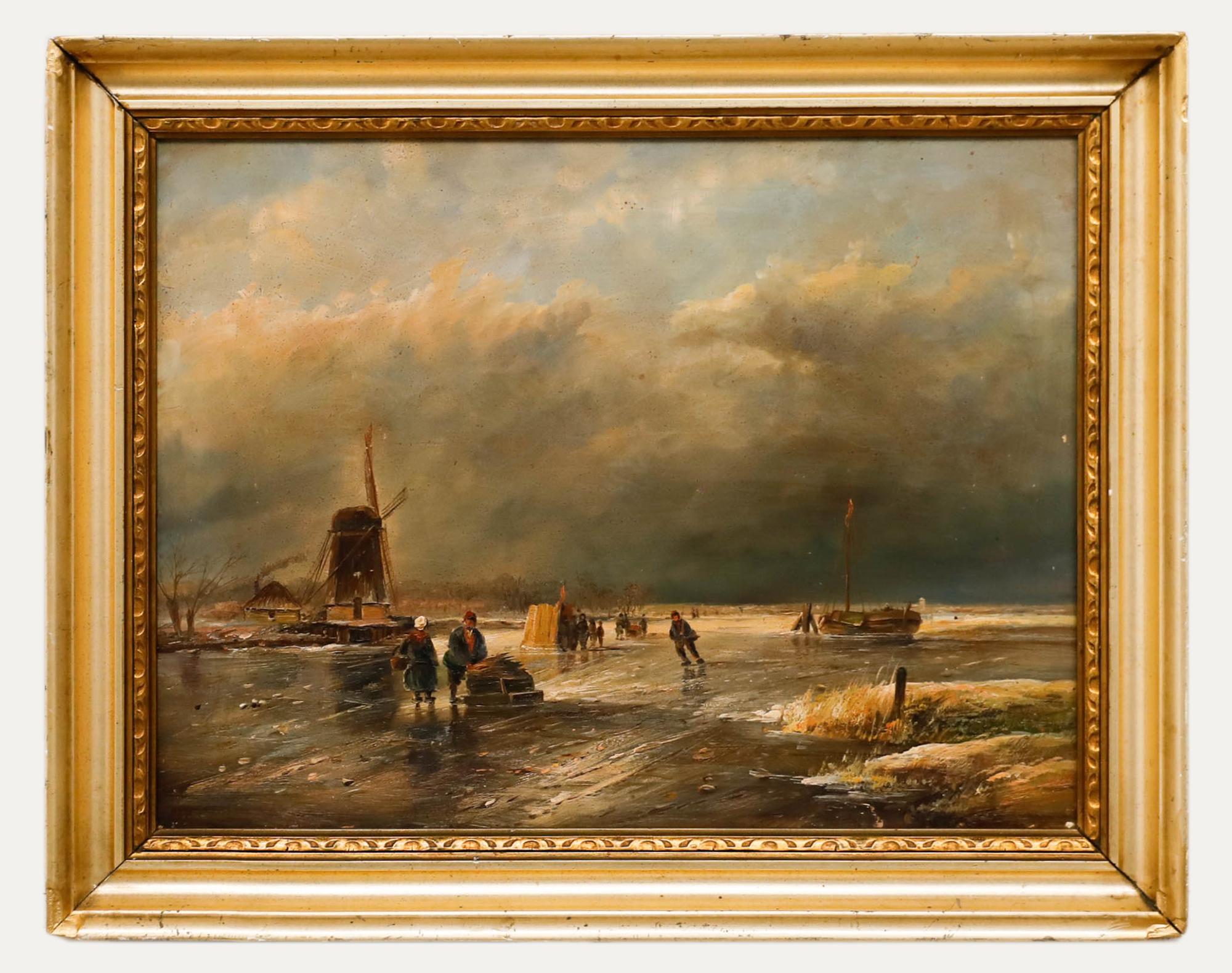 Landscape Painting Unknown - Huile du milieu du 20e siècle - Villageois sur le lac gelé