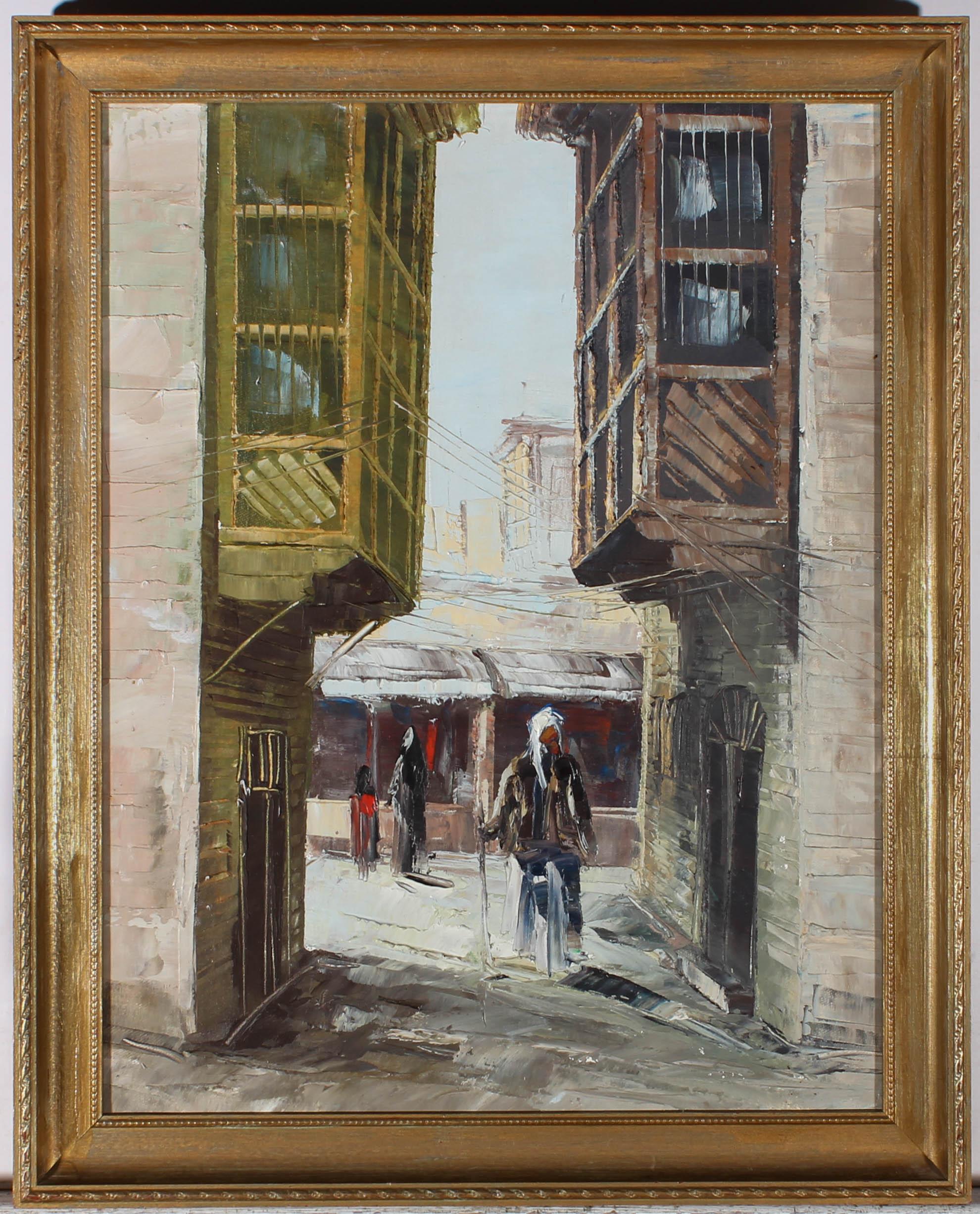 Unknown Landscape Painting - Mid 20th Century Oil - Wandering the Streets