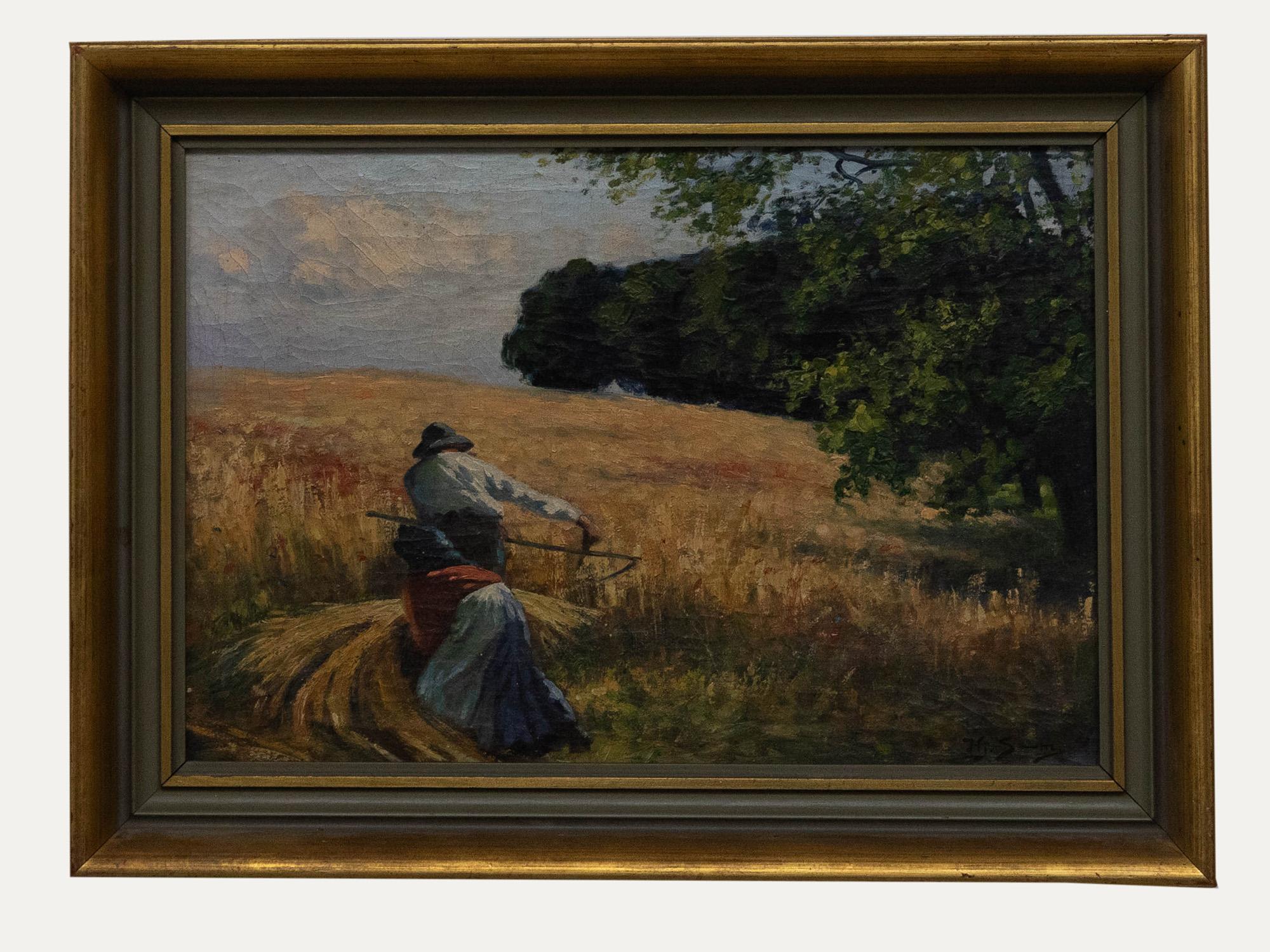 Unknown Landscape Painting - Mid 20th Century Oil - Wheat Harvest