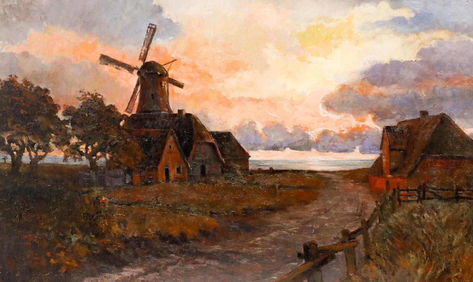 Mid 20th Century Oil - Windmill in Evening Light - Painting by Unknown