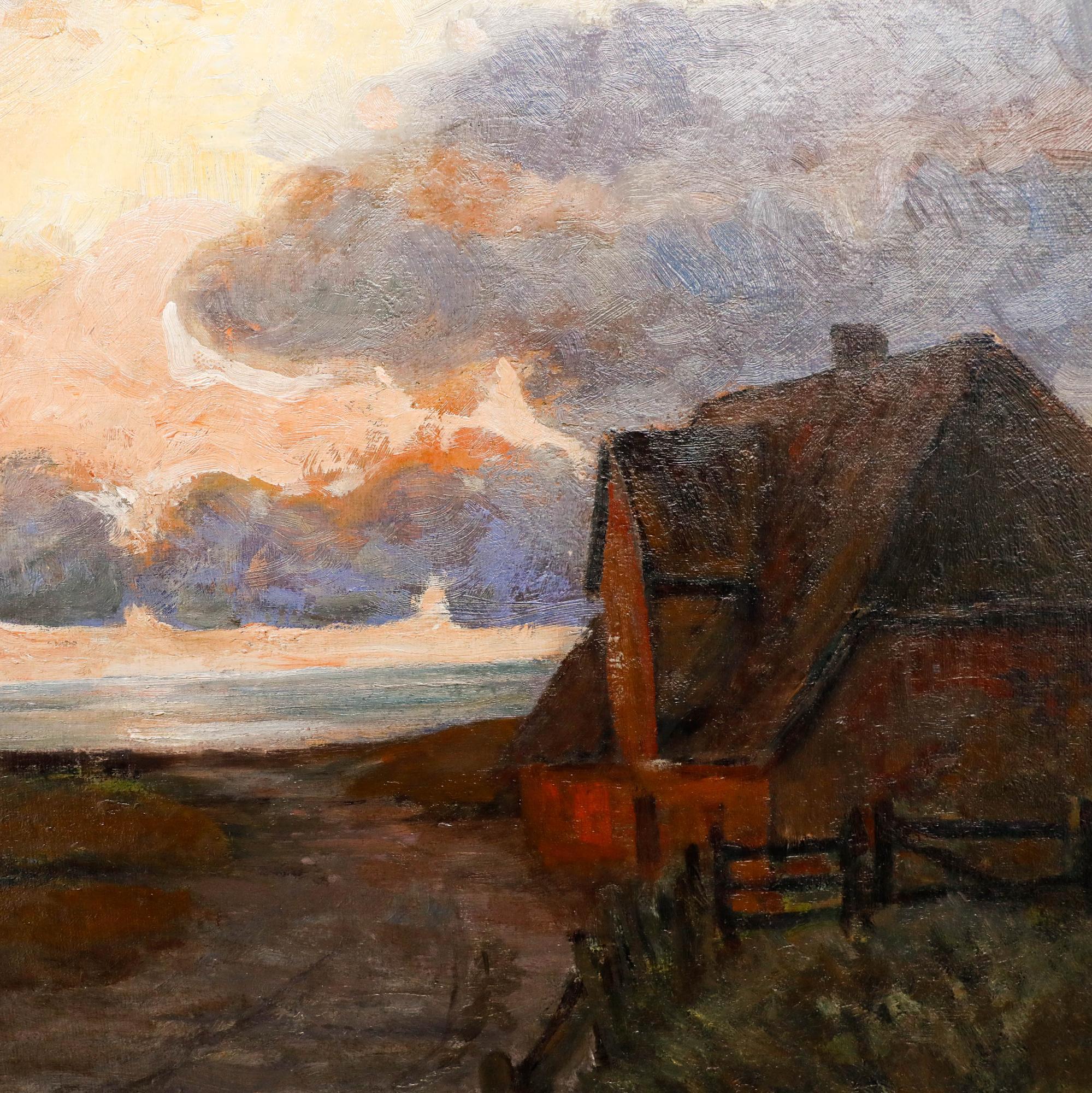 A captivating impressionist painting depicting a Dutch windmill at dusk. The scene captures the iconic structure standing alongside quaint fishermen's cottages by the sea, all bathed in the warm glow of the setting sun. The artist employs broad
