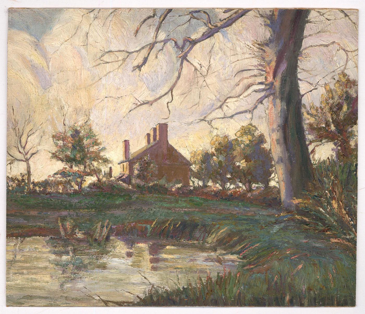 Mid 20th Century Oil - Winter Afternoon at the Pond - Painting by Unknown