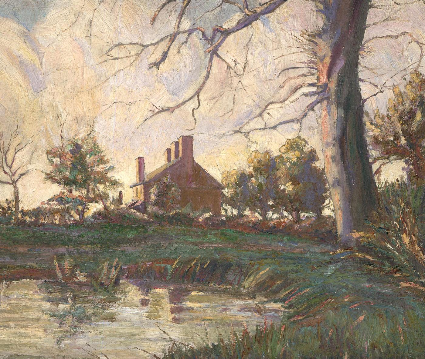 A wonderful expressive landscape study depicting a cottage beside a small pond. Unsigned. On board.
