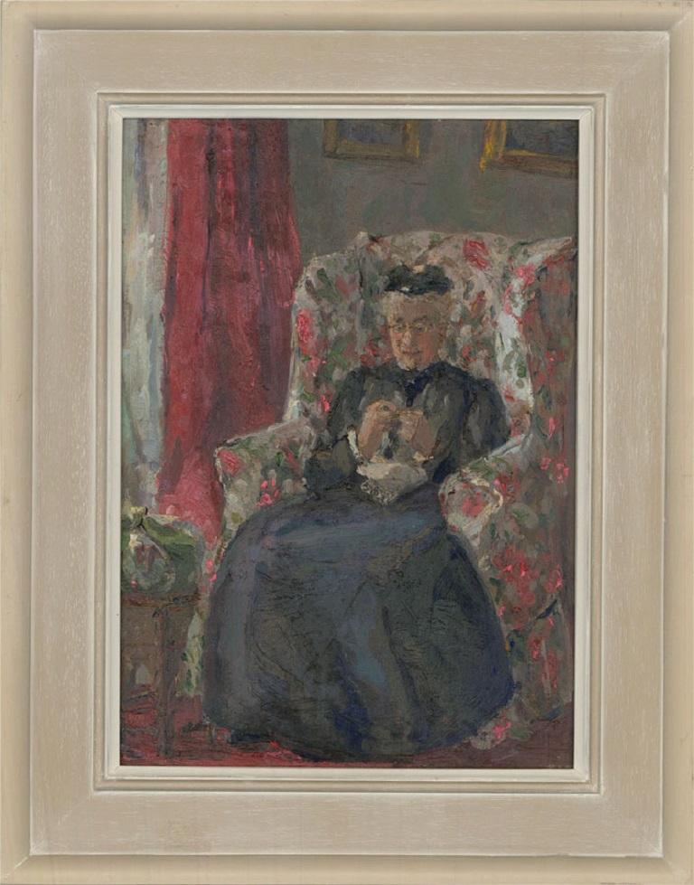 A portrait of a seated woman concentrating on her knitting. Presented in a grey painted and limed wooden frame. Unsigned. On panel.