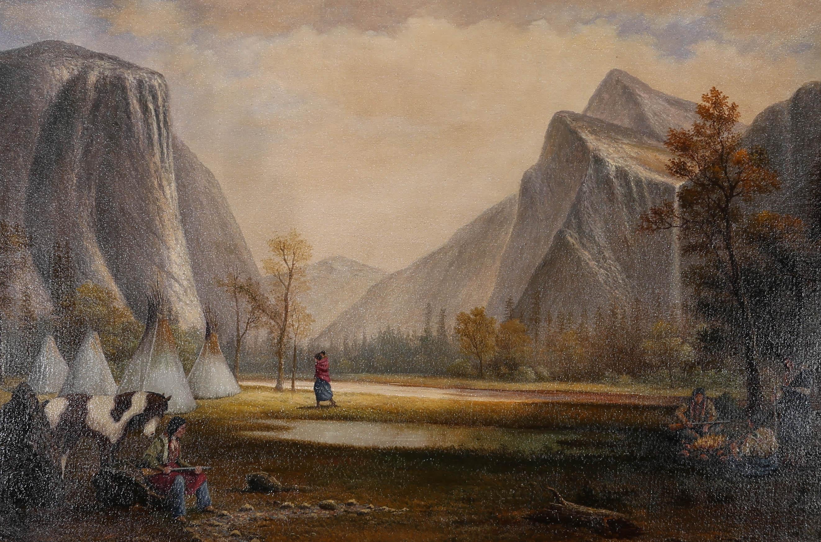 Mid 20th Century Oil - Yosemite Indian Encampment - Painting by Unknown