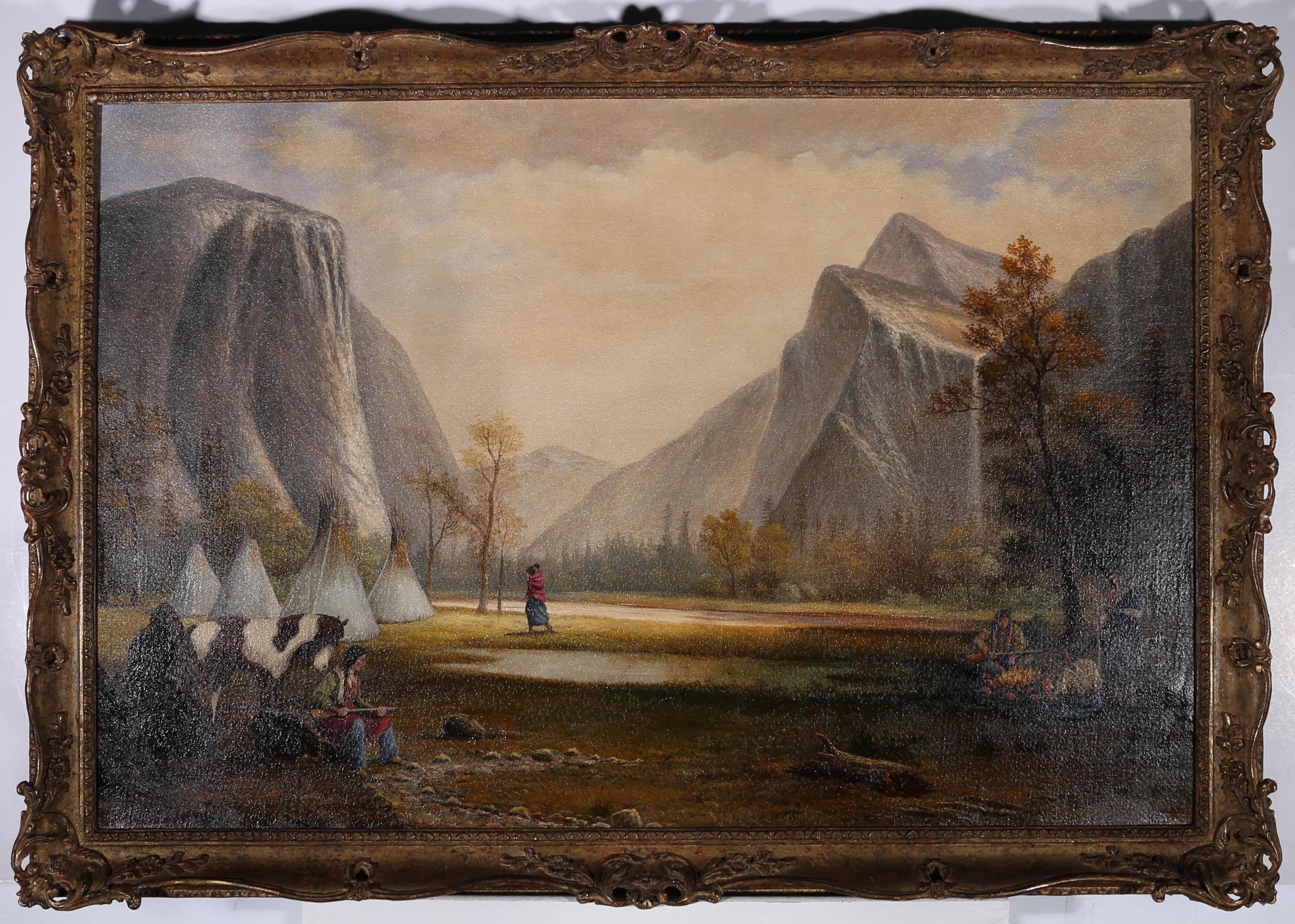 A striking, 19th Century landscape in oil showing the impressive Yosemite valley with an imposing view of El Capitan. A group of Yosemite Indians have set up camp on the grassy plains of the valley, with wigwams and a campfire. This impressively