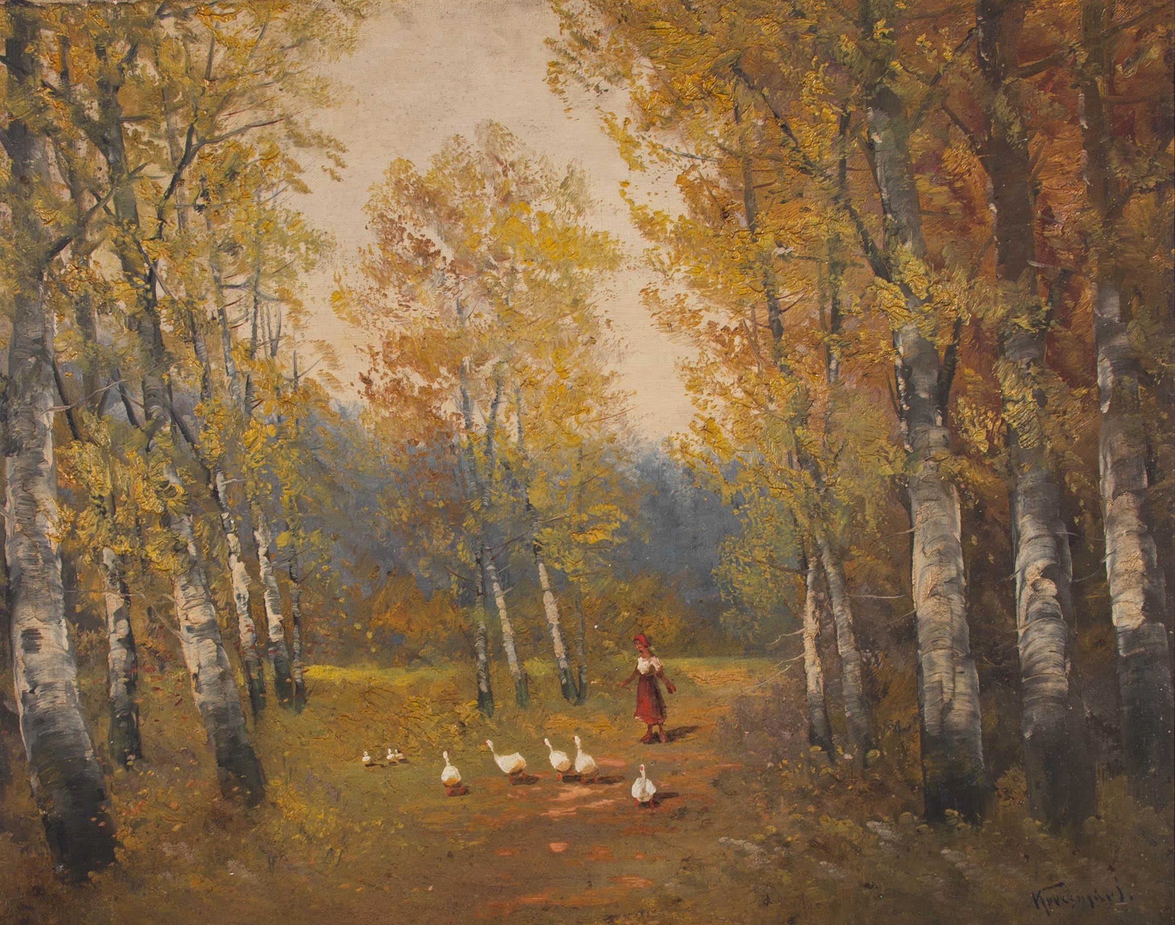 Mid 20th Century Oil - Young Girl With Geese - Painting by Unknown