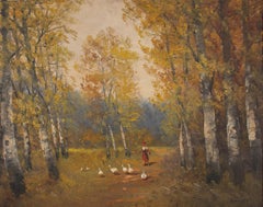 Mid 20th Century Oil - Young Girl With Geese