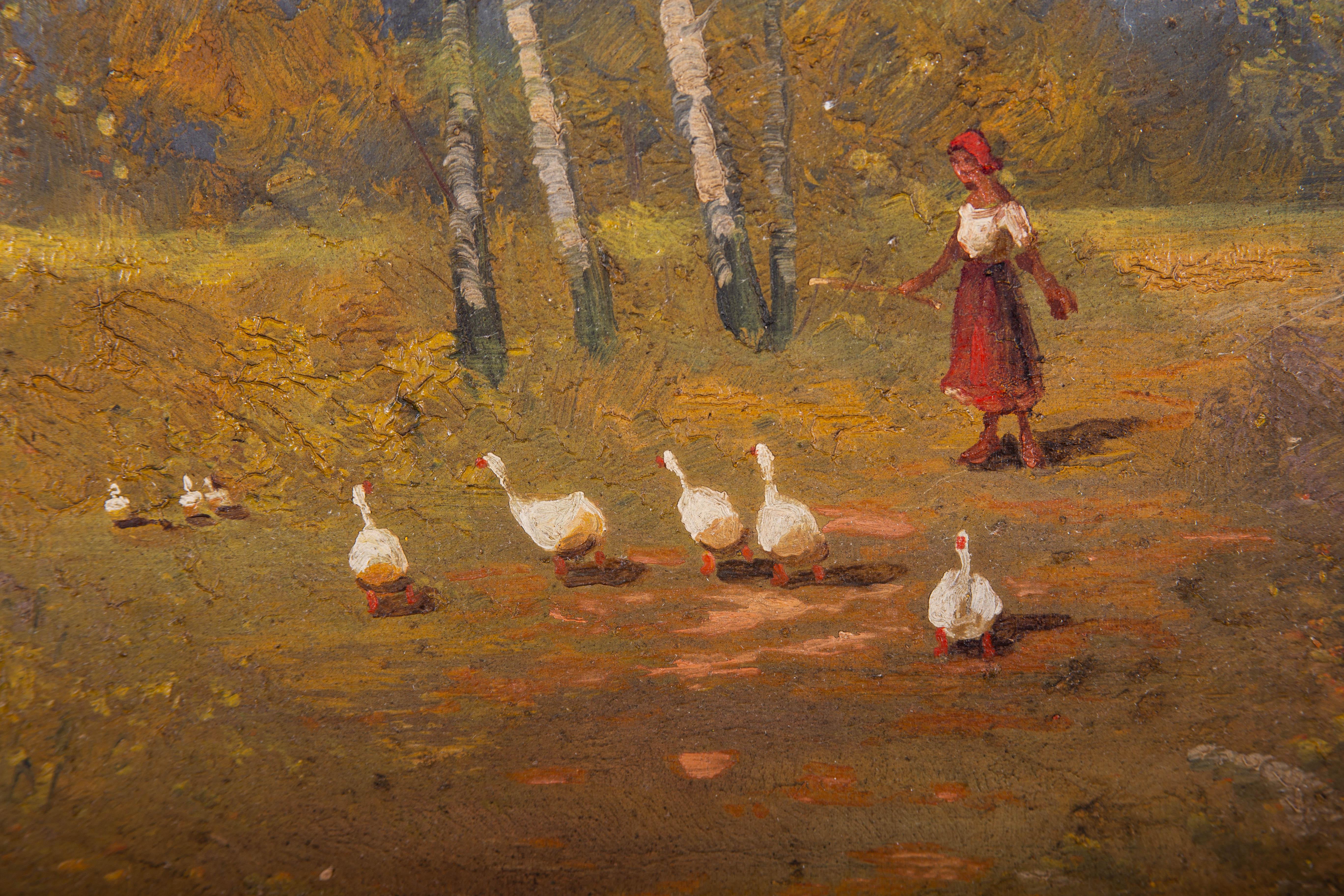 A fine 20th Century oil showing a young girl in a red dress and headscarf, herding a gaggle of geese through a pretty woodland. The artist has signed illegibly to the lower right corner and the painting has been presented in a substantial