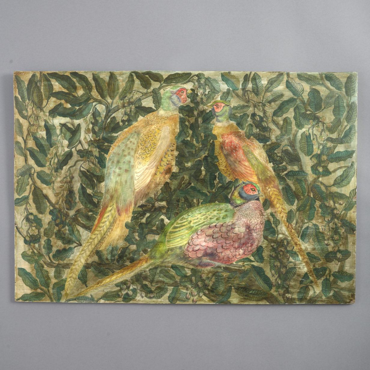 Unknown Animal Painting - Mid-20th Century Painted Panel Depicting Pheasants