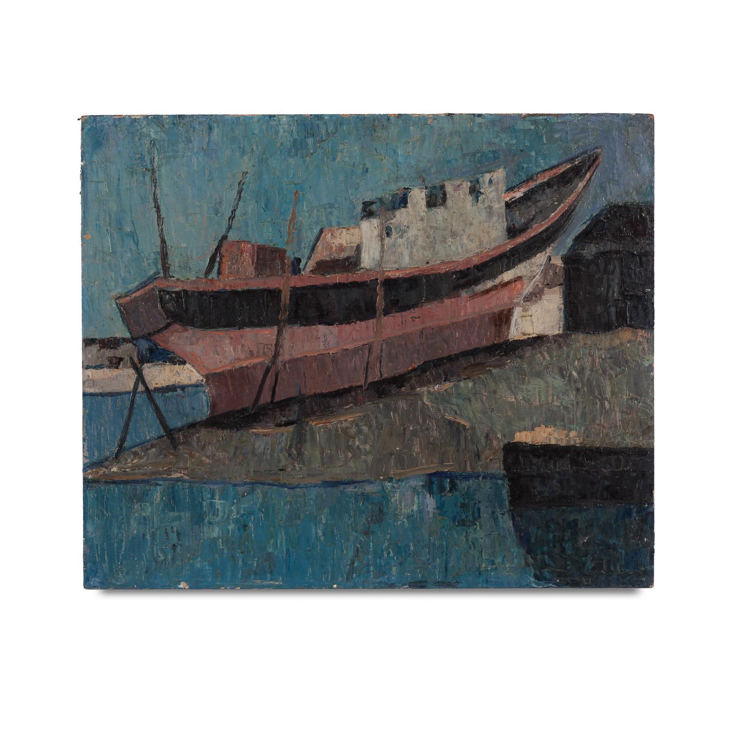 Unknown Abstract Painting - Mid 20th Century painting of a Fishing Boat