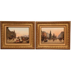 Mid-20th Century Pair of Oil on Board Parisian Scenes in Carved Gilt Frames