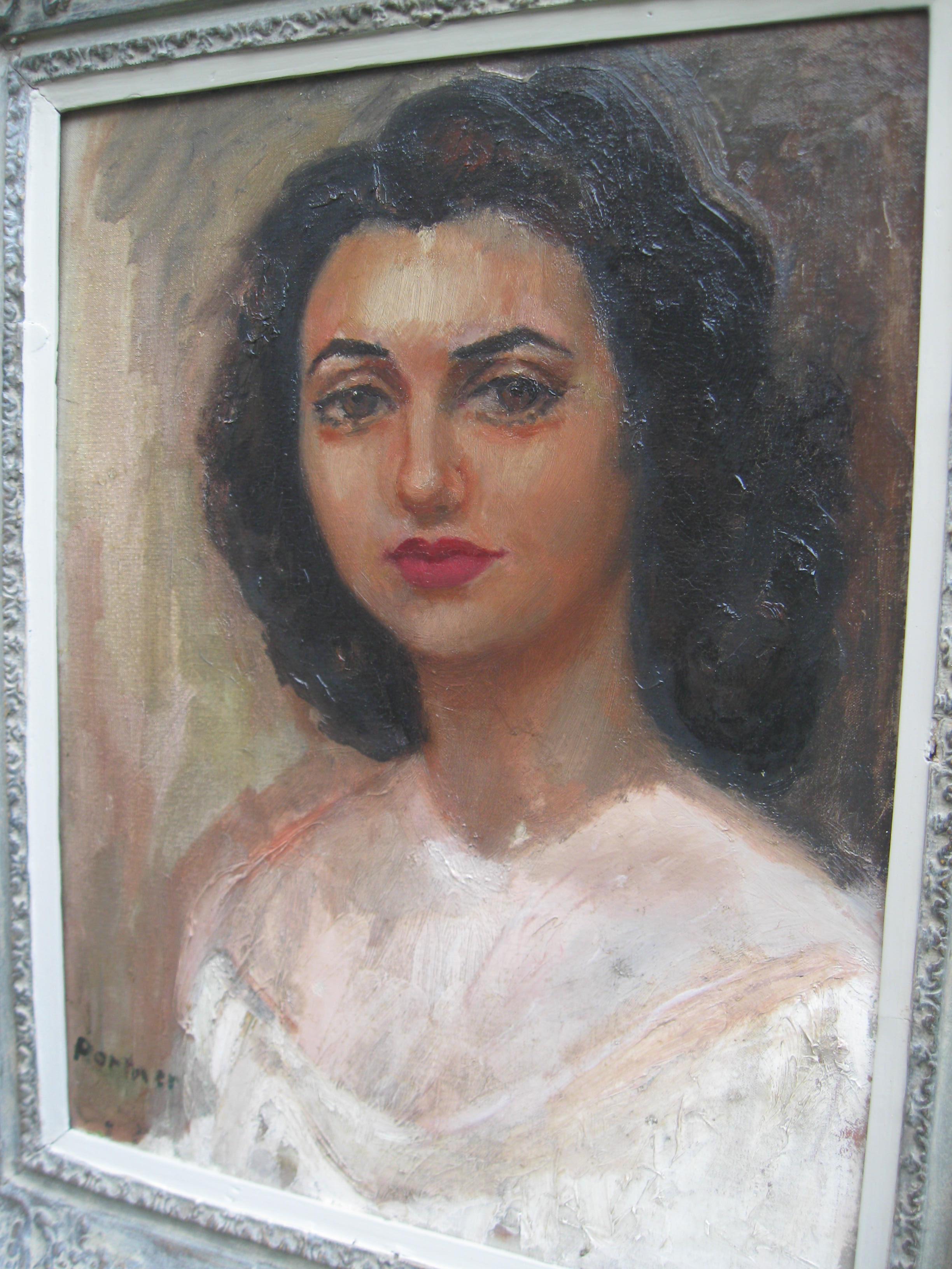 Porträt einer jungen Frau aus der Mitte des 20. Jahrhunderts, Öl im Angebot 5