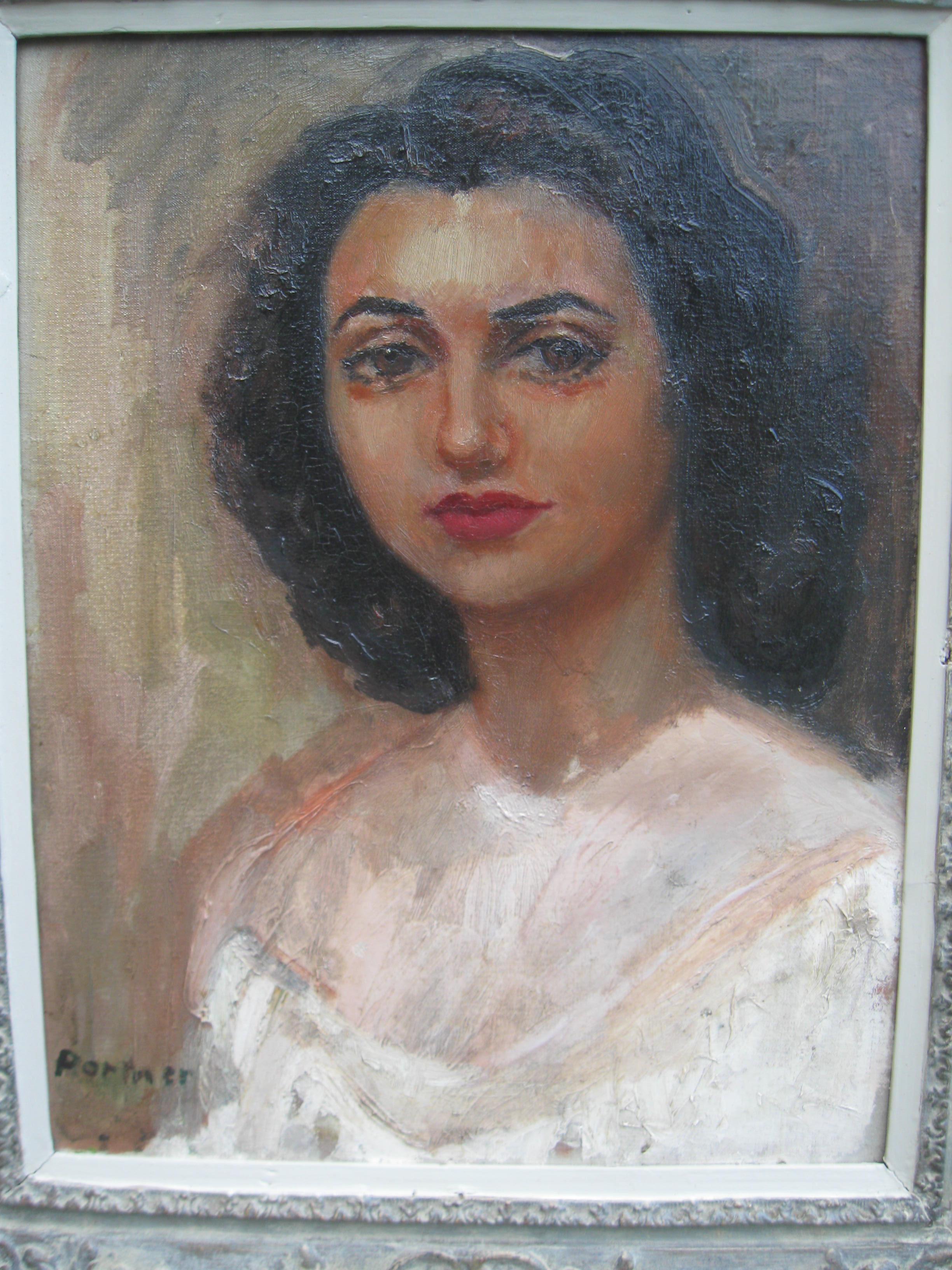 Porträt einer jungen Frau aus der Mitte des 20. Jahrhunderts, Öl im Angebot 9