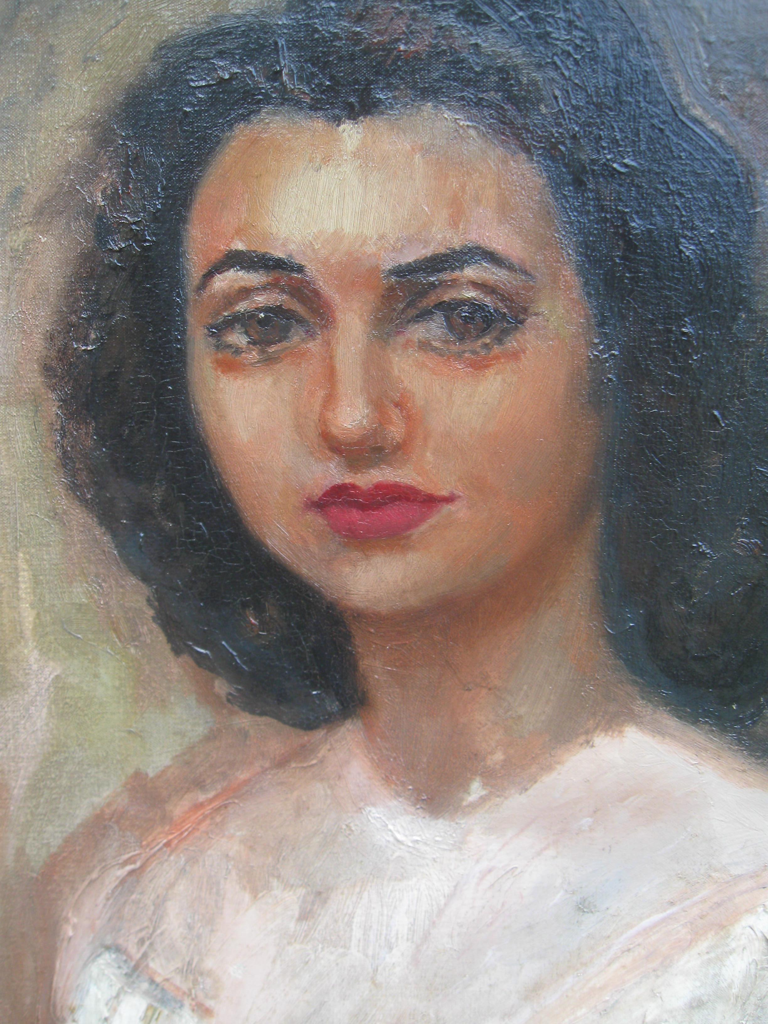 Ritratto di giovane donna olio della metà del XX secolo - Painting di Unknown