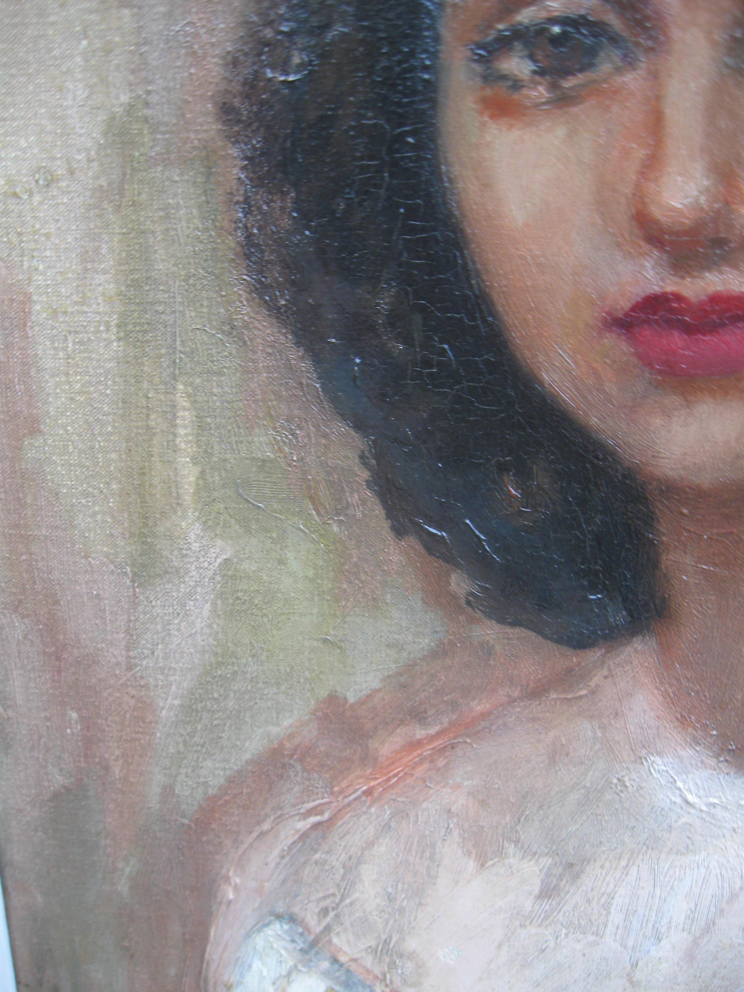 Porträt einer jungen Frau aus der Mitte des 20. Jahrhunderts, Öl im Angebot 3