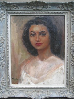 Mitad del siglo XX Retrato de mujer joven al óleo