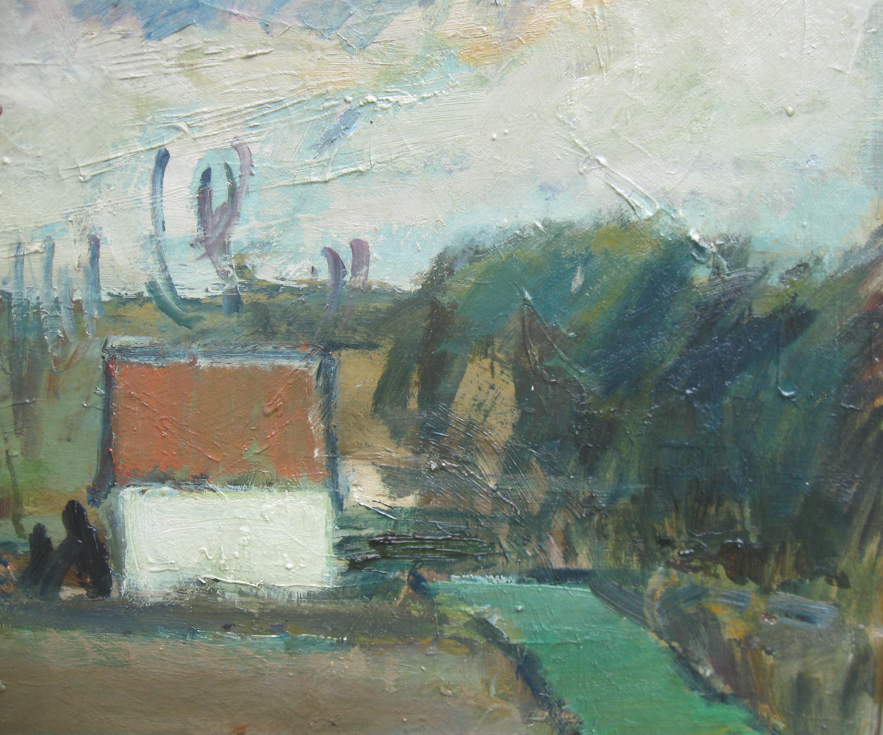 Grand paysage à l'huile moderniste/expressionniste du début du 20e siècle, vers les années 1930 - Gris Landscape Painting par Unknown