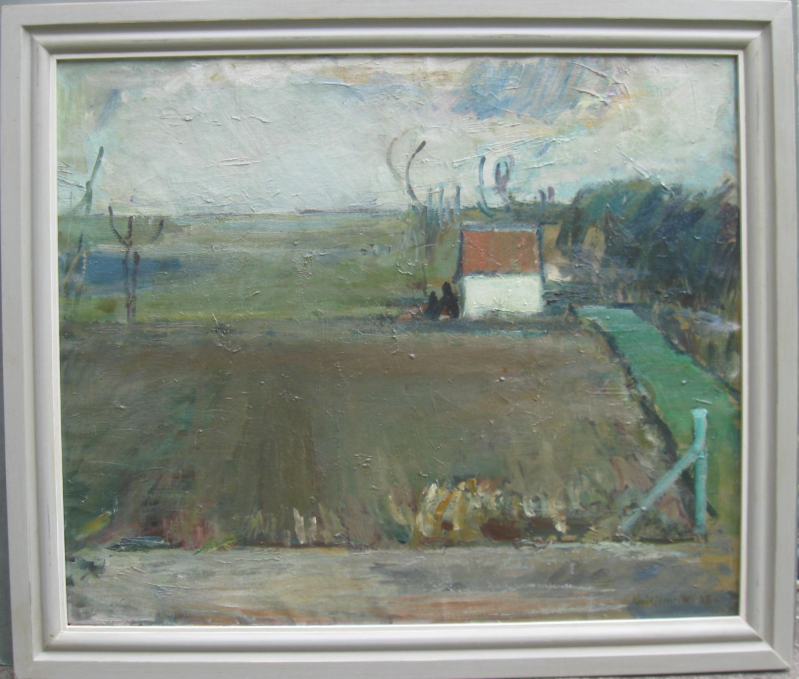 Landscape Painting de Unknown - Gran óleo modernista/expresionista de principios del siglo XX Paisaje europeo c1930