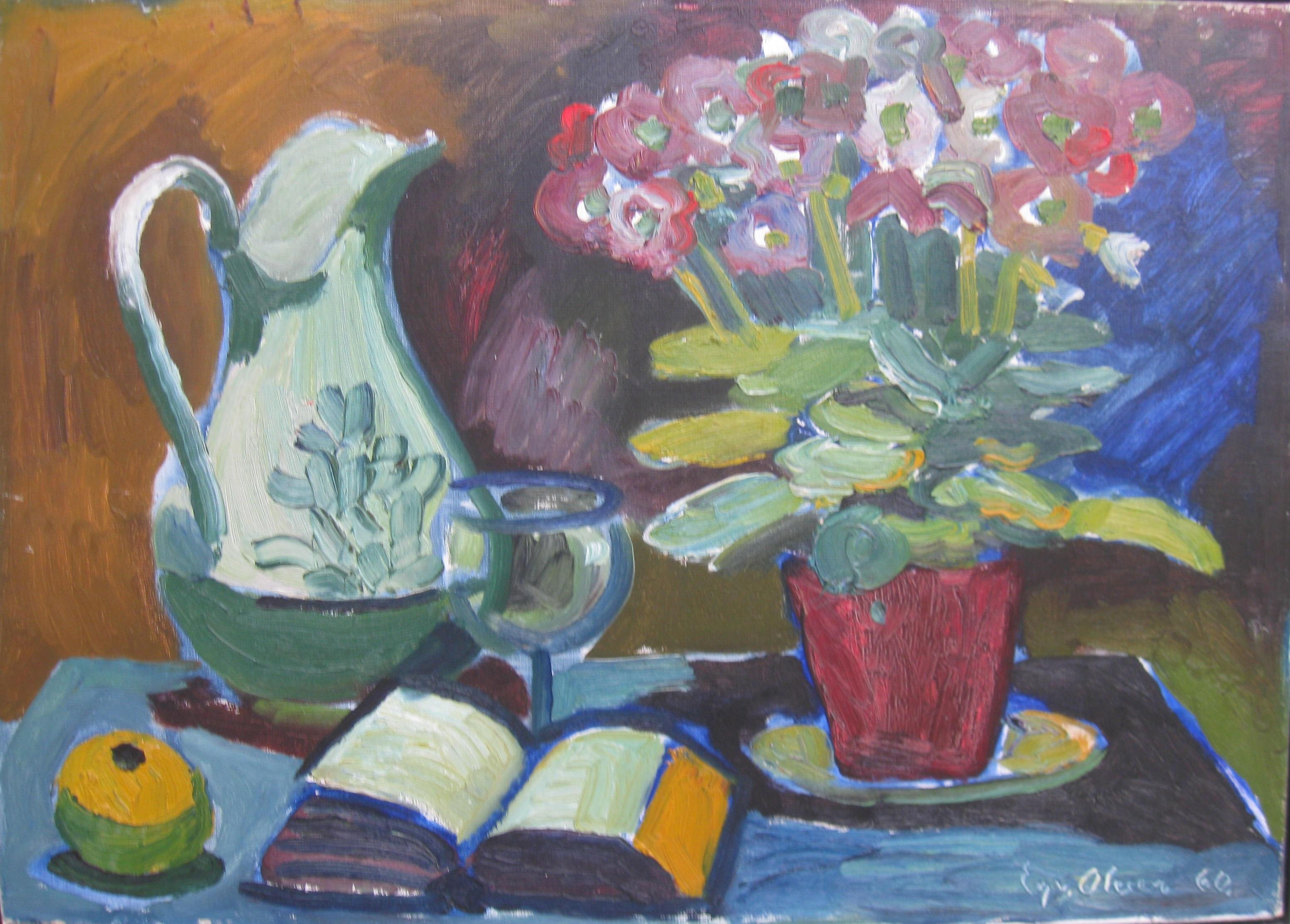 Mid 20thCentury Modernist/Expressionist Still Life oil c1960 - Painting by Unknown