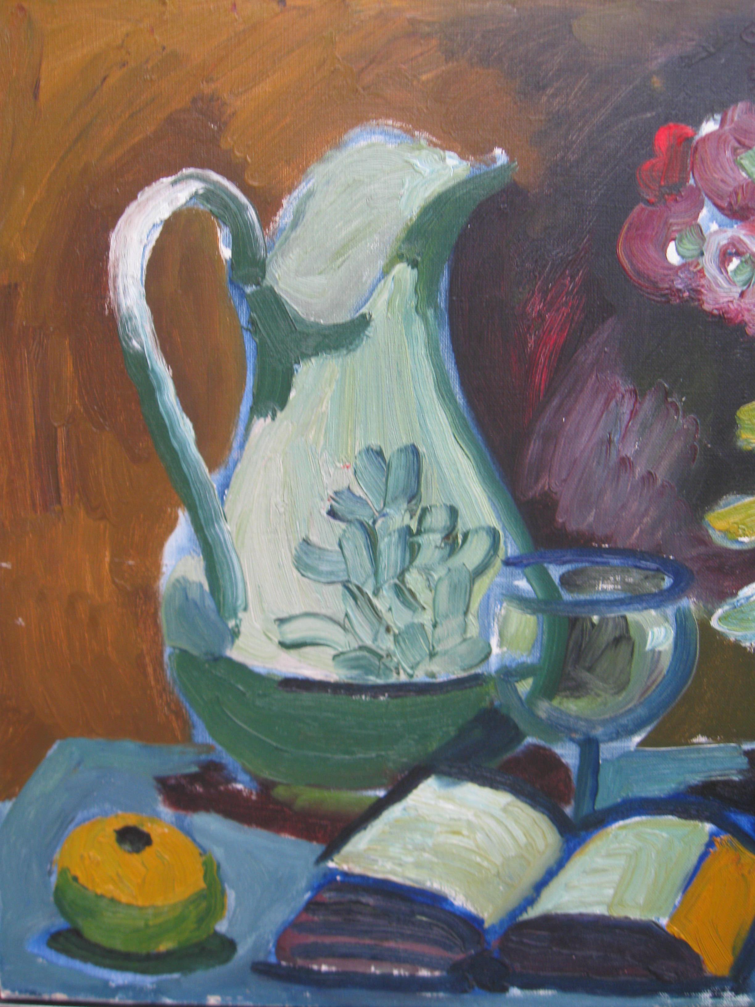Bodegón al óleo modernista/expresionista de mediados del siglo XX c1960 - Still-Life Painting Gris de Unknown