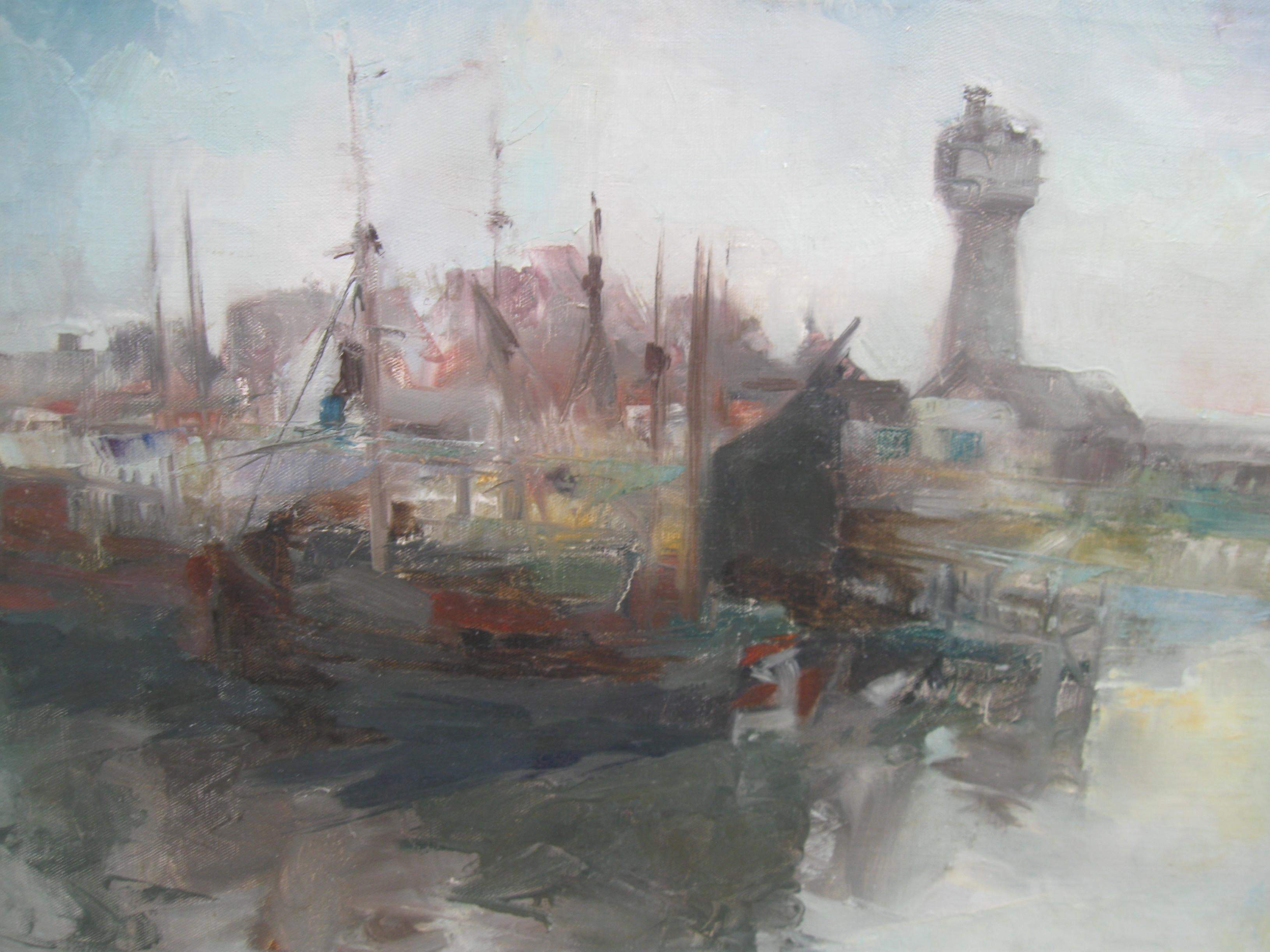 Mid 20thCentury Modernist: Harbour Scene in Morning Light Oil circa 1950's For Sale 10