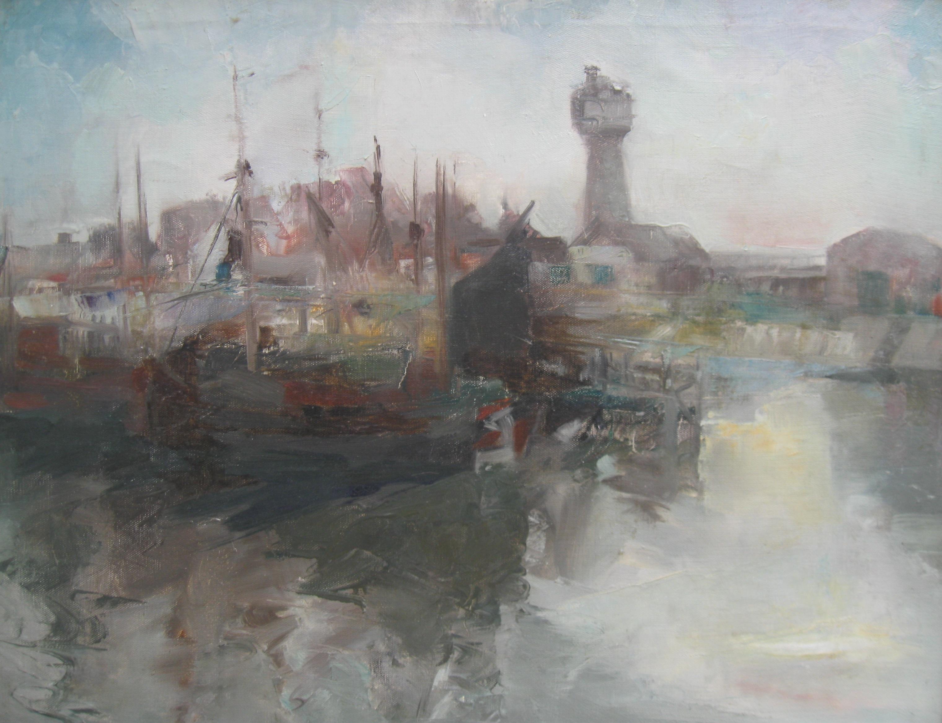 Moderniste du milieu du 20e siècle : Scène de port dans la lumière du matin Huile vers 1950 - Painting de Unknown