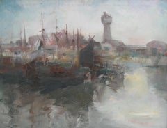 Mitte des 20. Jahrhunderts Modernist: Hafenszene im Morgenlicht Öl um 1950