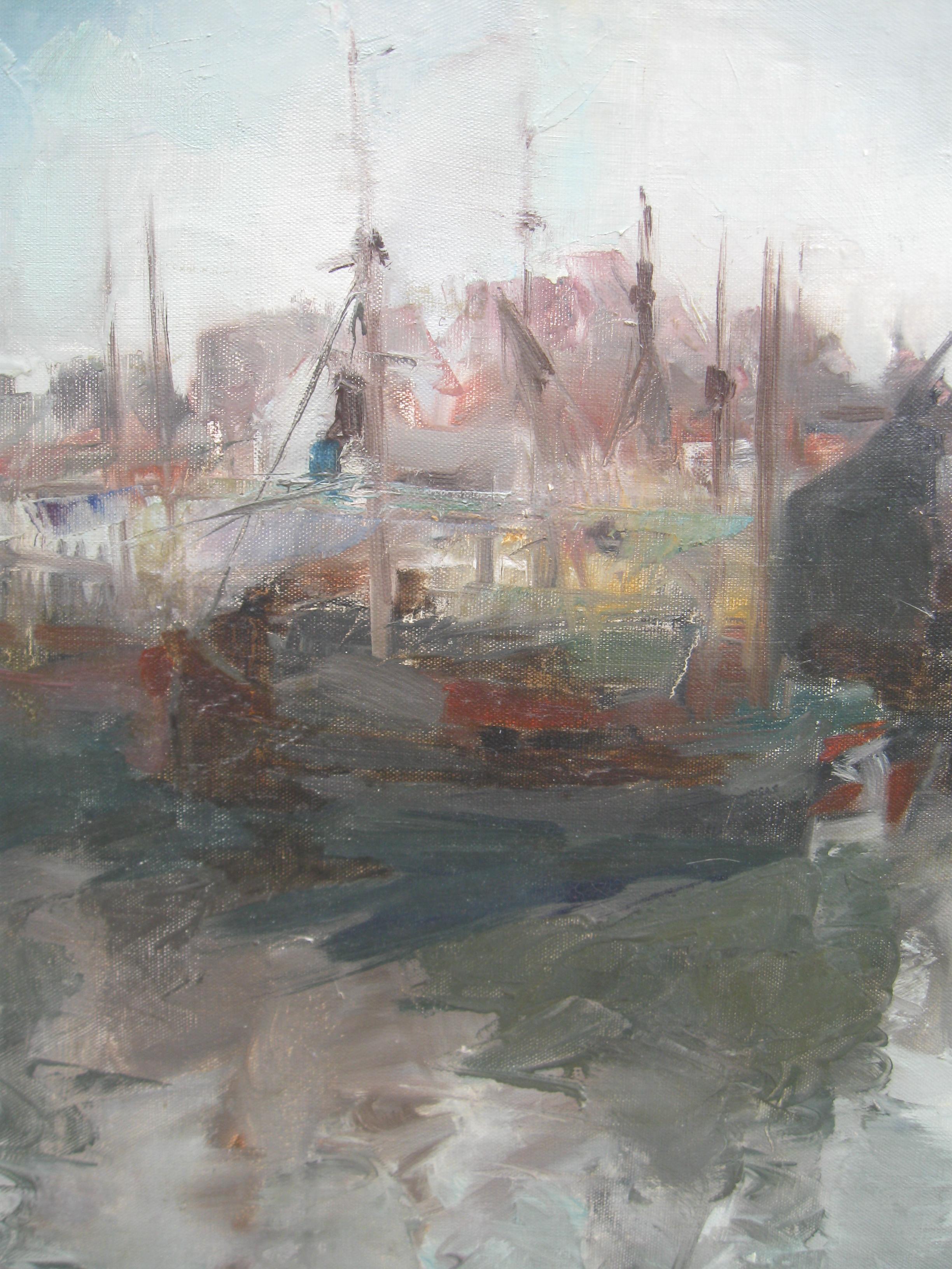 Mid 20thCentury Modernist: Harbour Scene in Morning Light Oil circa 1950's - Impressionist Painting by Unknown