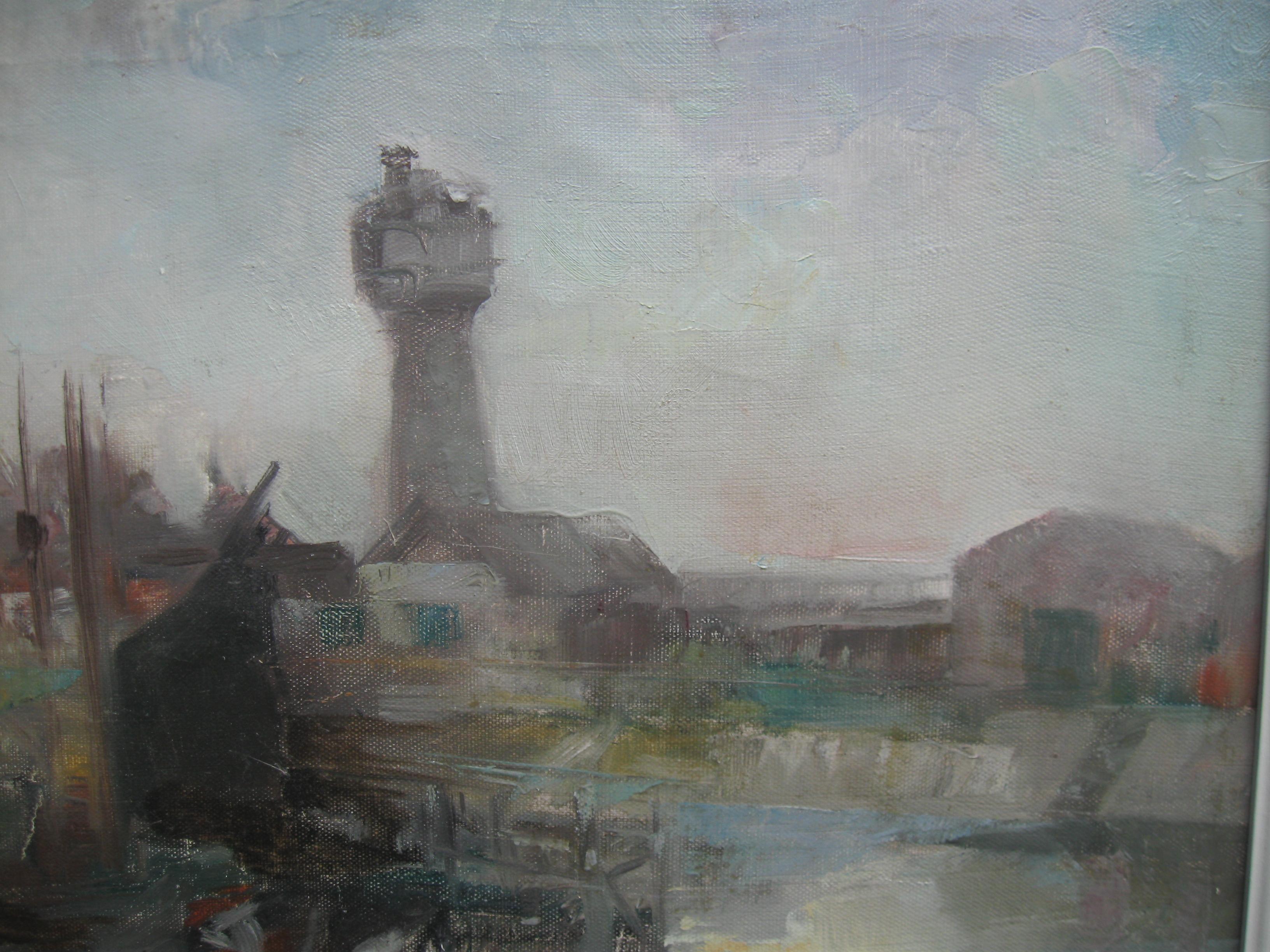 Mid 20thCentury Modernist: Harbour Scene in Morning Light Oil circa 1950's - Gray Landscape Painting by Unknown