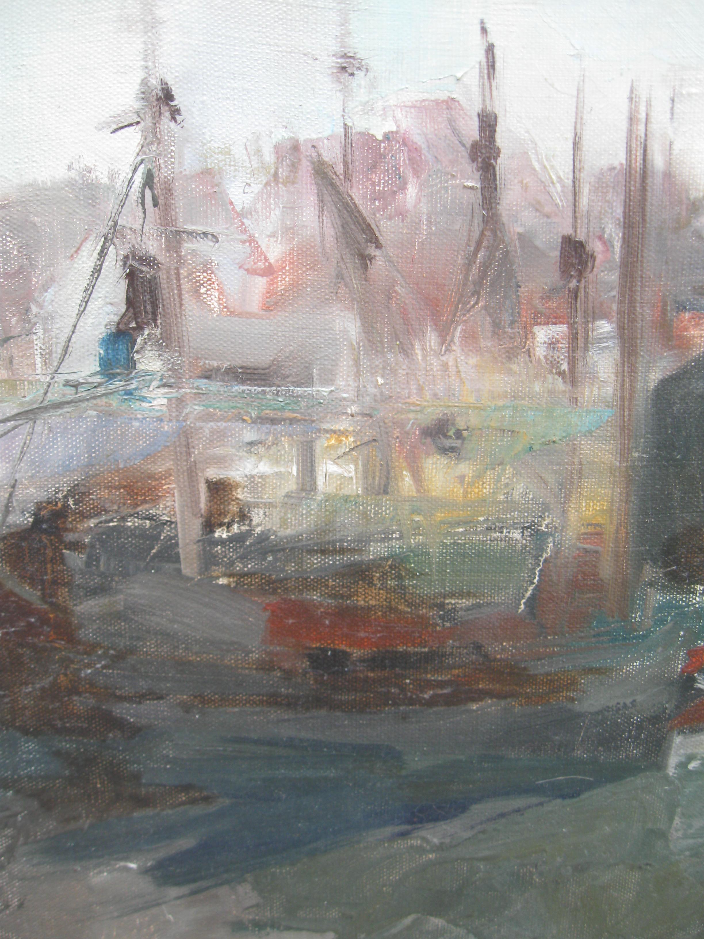 Mid 20thCentury Modernist: Harbour Scene in Morning Light Oil circa 1950's For Sale 1