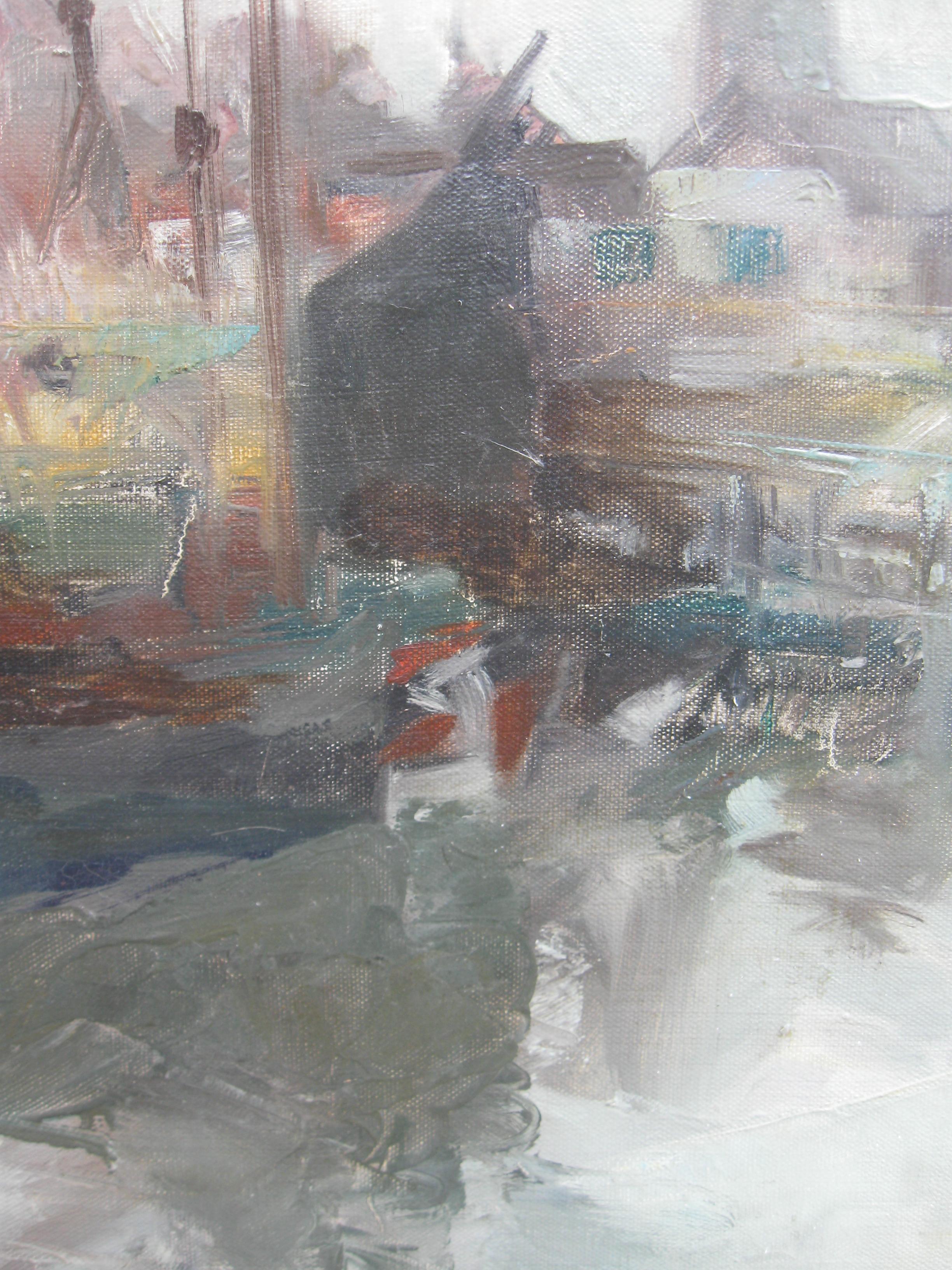 Mid 20thCentury Modernist: Harbour Scene in Morning Light Oil circa 1950's For Sale 2