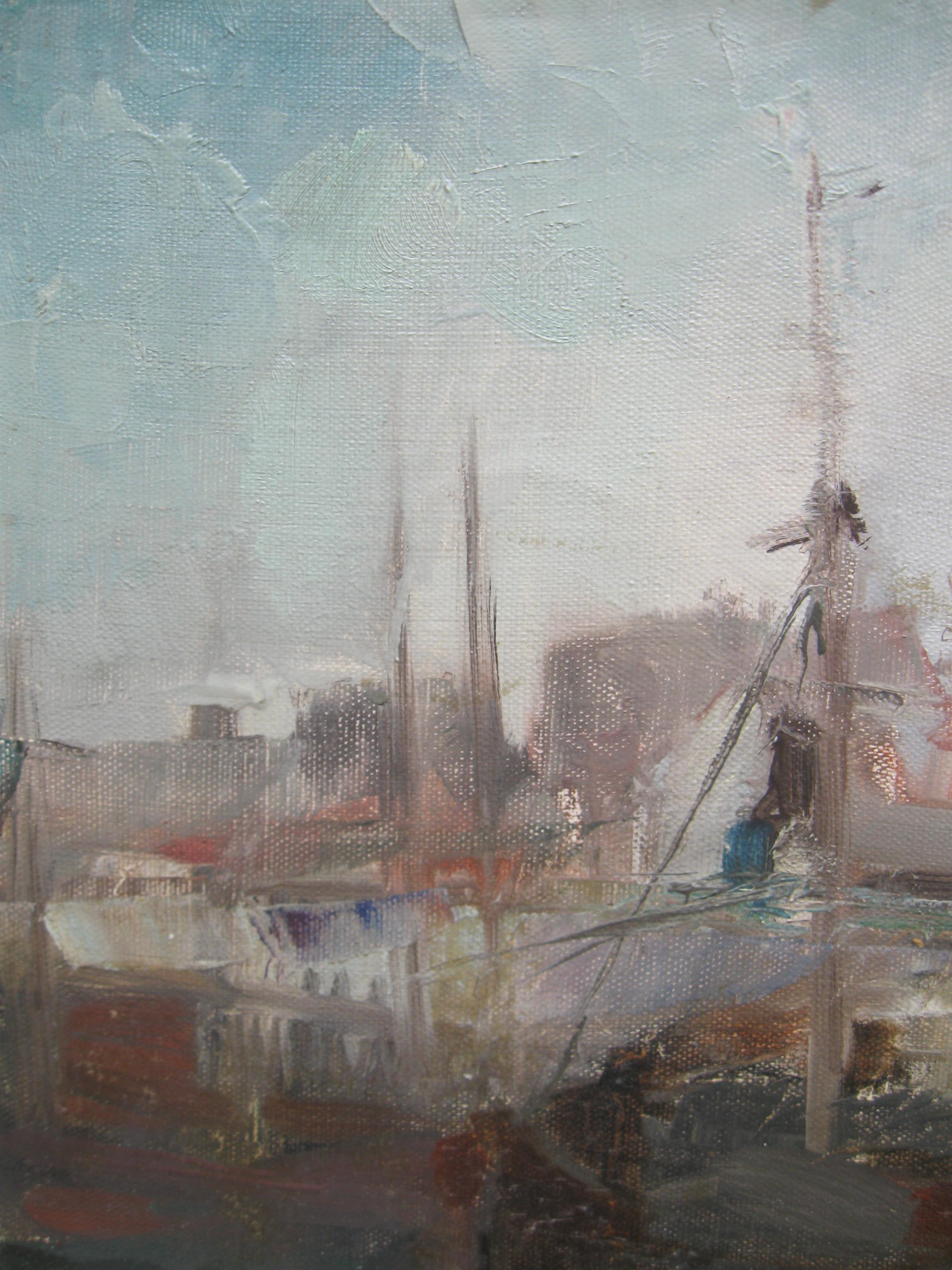 Mid 20thCentury Modernist: Harbour Scene in Morning Light Oil circa 1950's For Sale 3