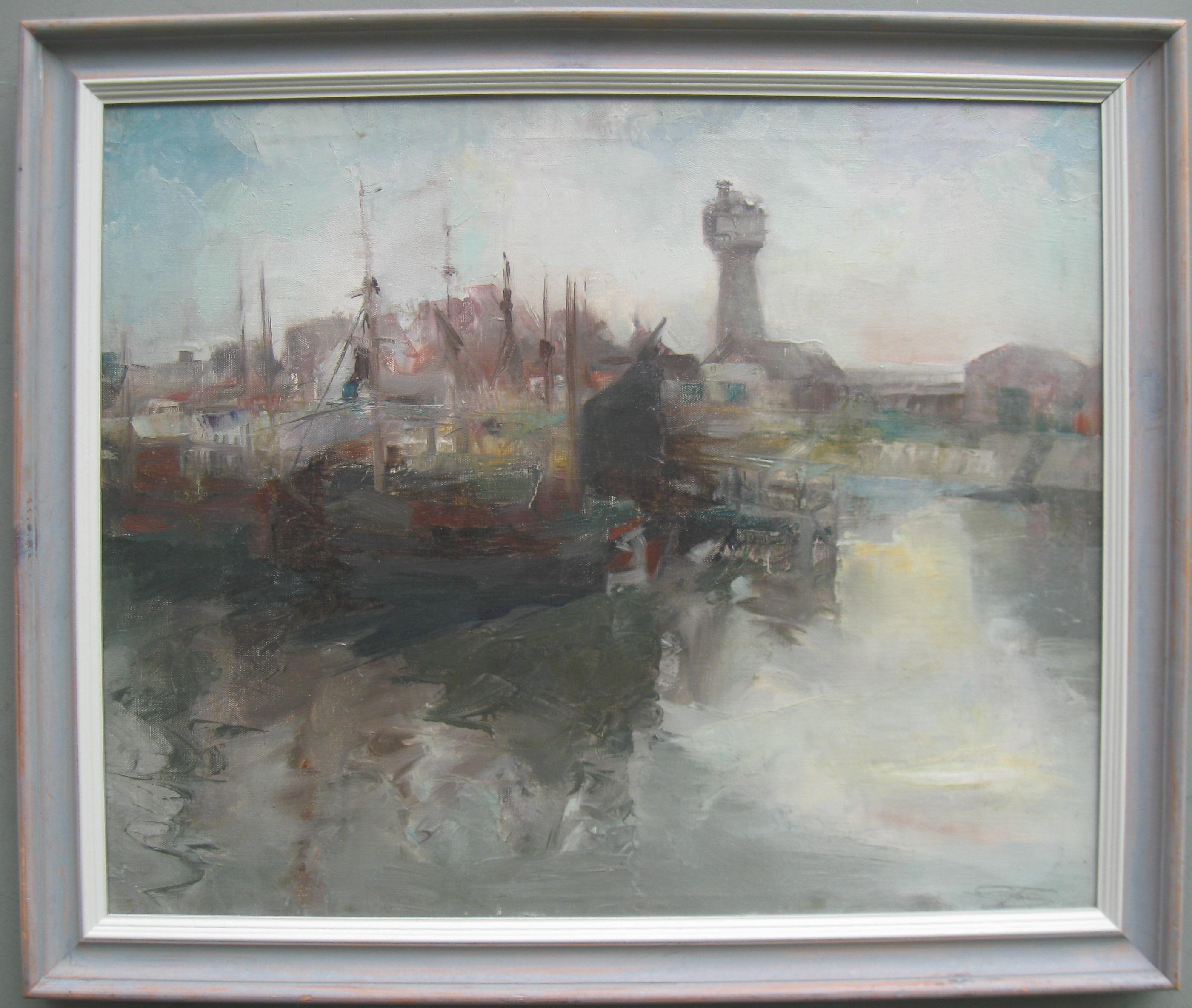 Mid 20thCentury Modernist: Harbour Scene in Morning Light Oil circa 1950's