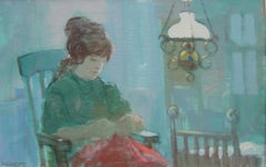 Mending Garments by Lamp Light , huile post-impressionniste du milieu du XXe sicle, annes 1930