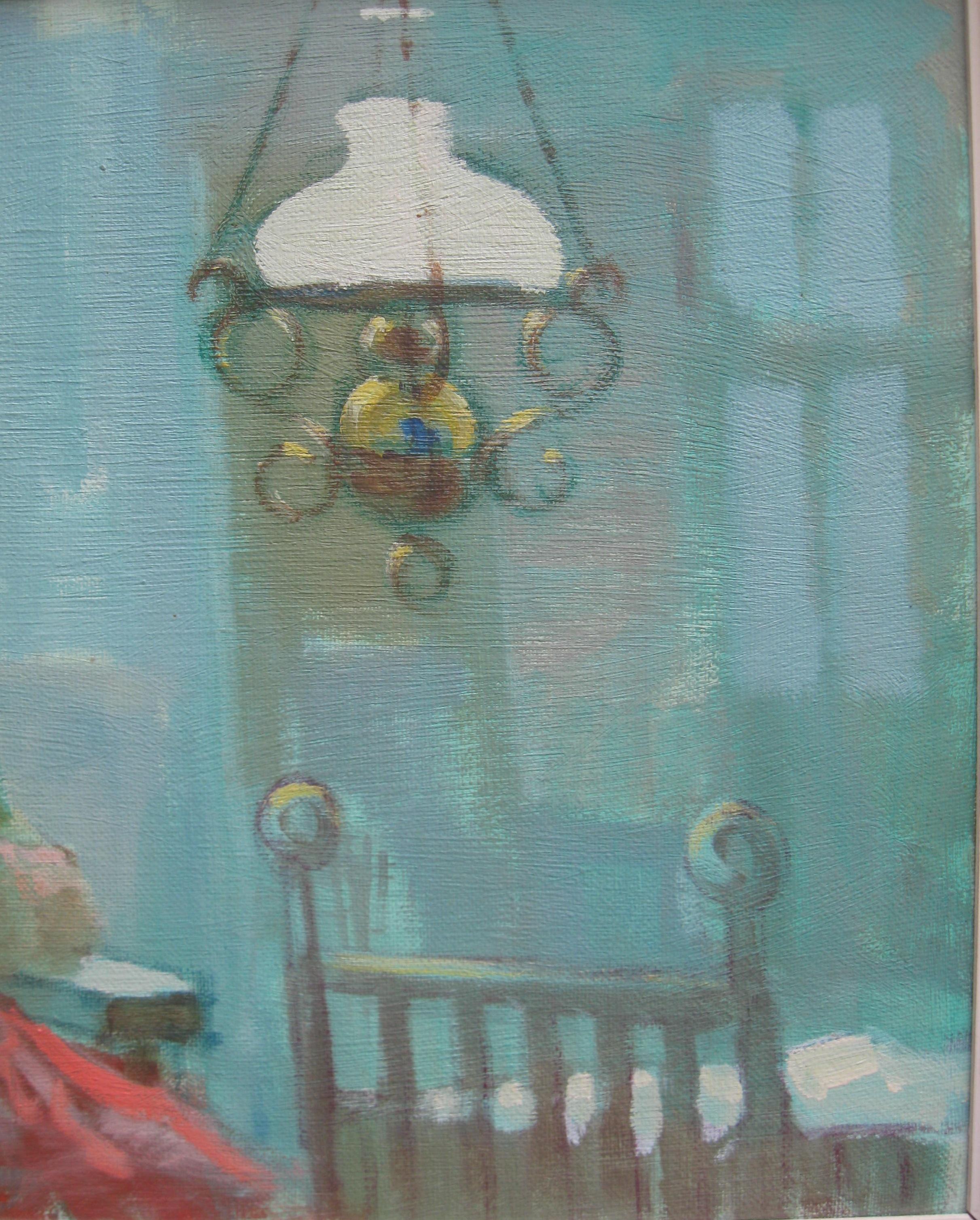  Mending Garments by Lamp Light , huile post-impressionniste du milieu du XXe sicle, annes 1930  - Post-impressionnisme Painting par Unknown