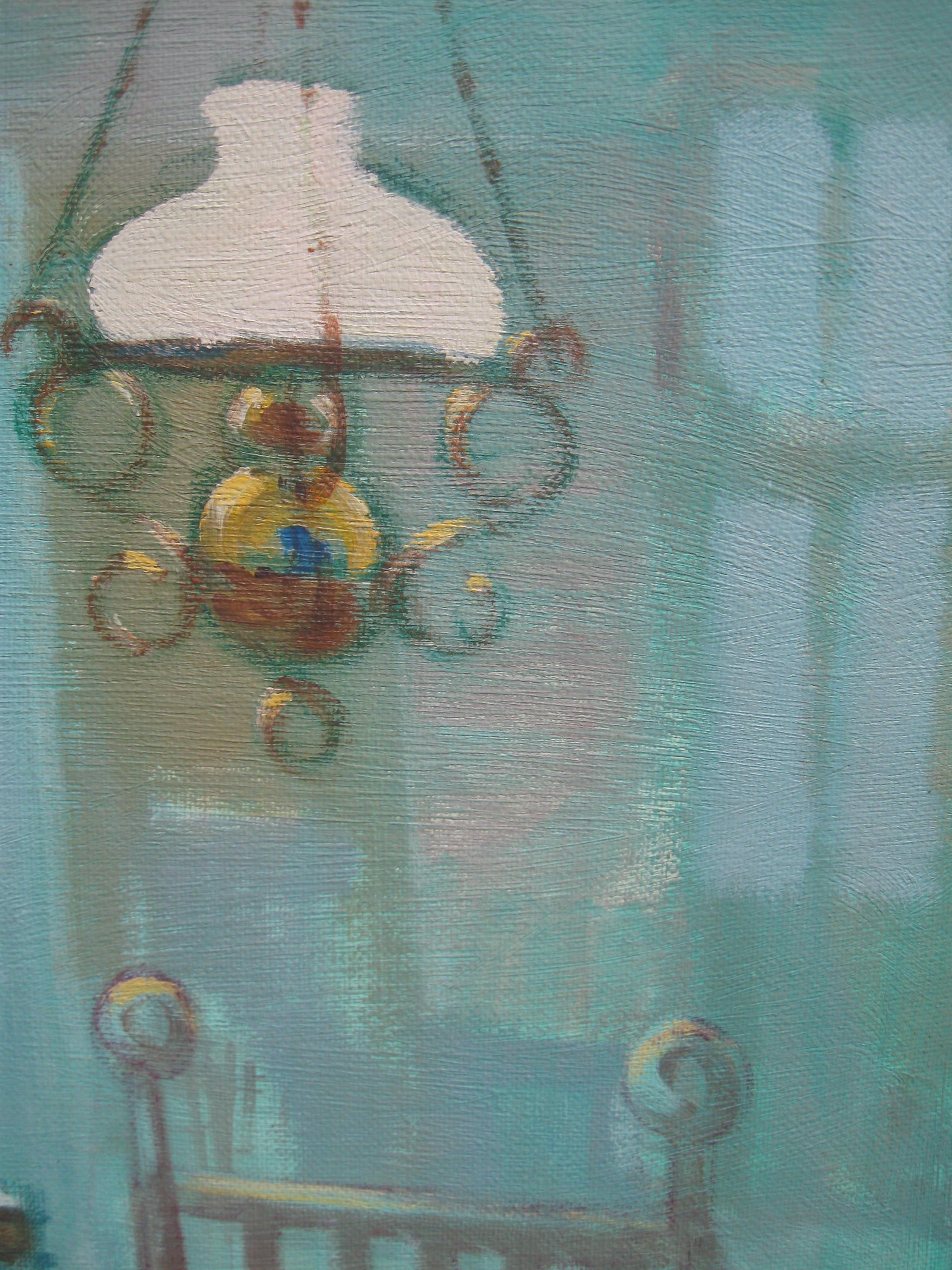 Une huile post-impressionniste du milieu du 20e siècle représentant une jeune femme cousant à la lumière d'une lampe, vers 1960.
huile sur toile 46cmx 70cm
bon cadre galerie 63cmx 88cm
Effet de lumière très atmosphérique peint dans une palette de
