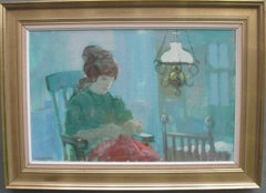 Mid 20thCentury Post Impressionist 'Young Woman Sewing by Lamp Light' oil 