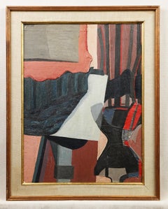 Mid Century Abstract Cubist Pink Interior Scene Vintage Framed Oil Painting