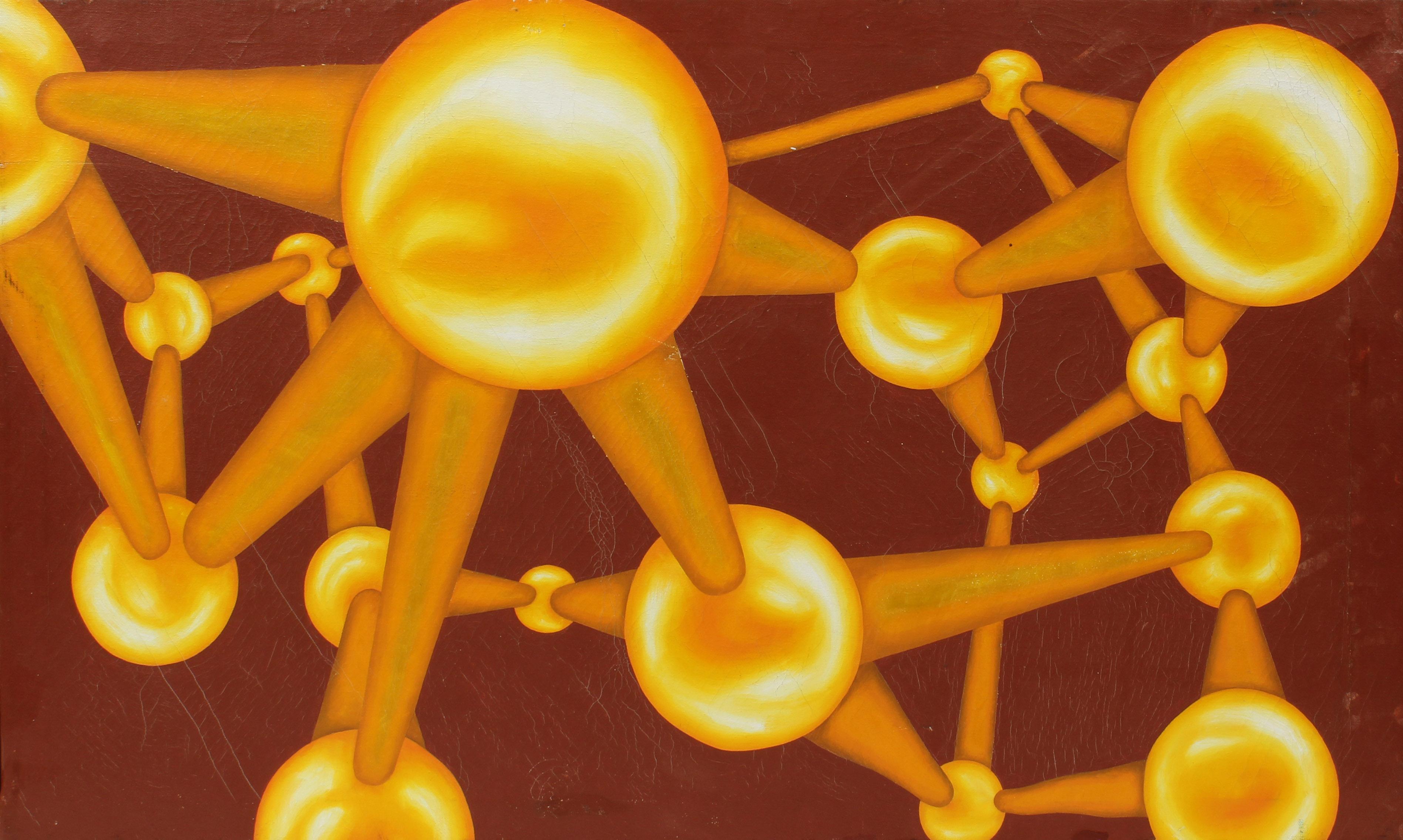 Abstraktes geometrisches Gemälde aus der Mitte des Jahrhunderts Goldkugeln Maroon gerahmt amerikanisch – Painting von Unknown