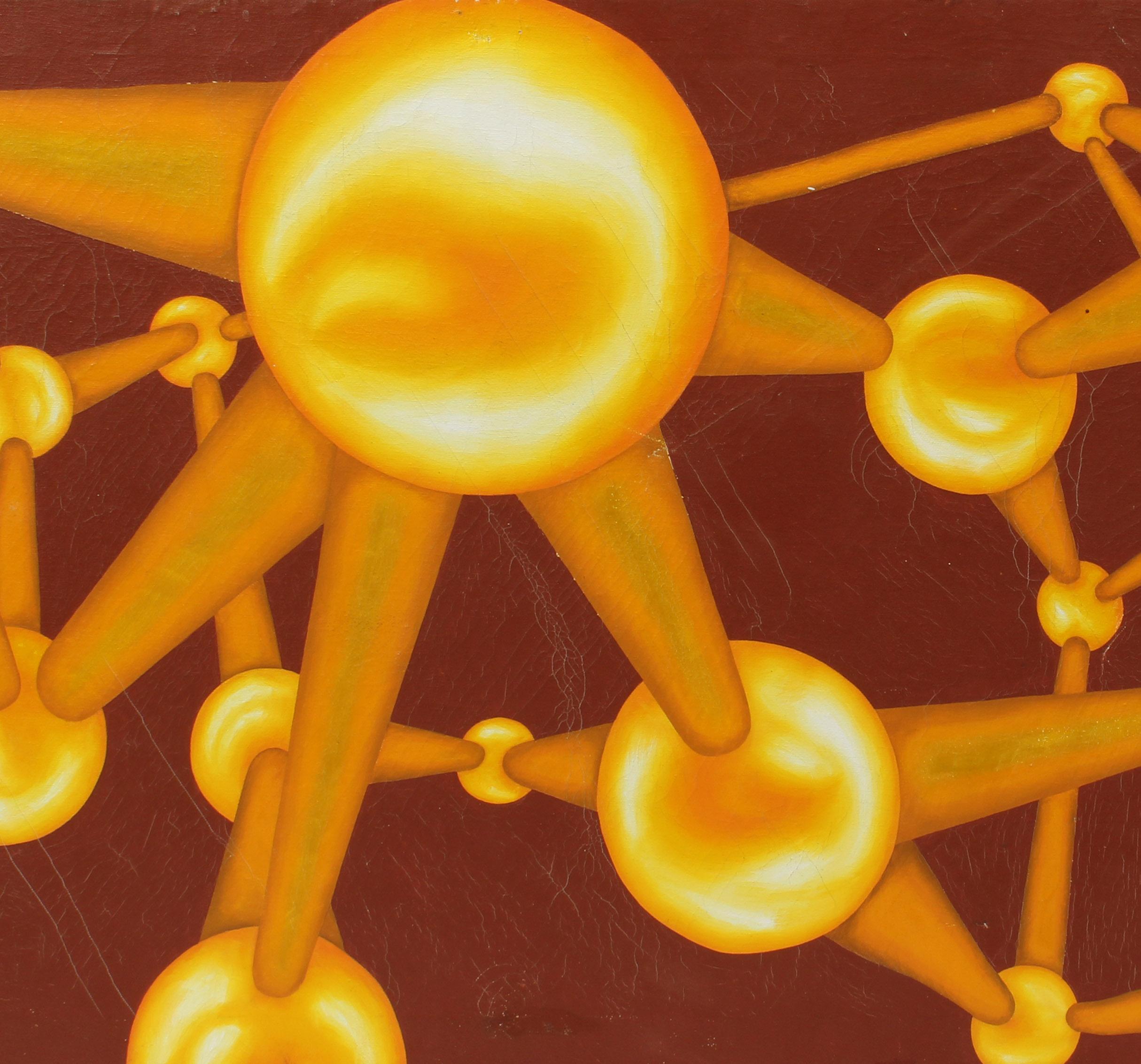 Abstraktes geometrisches Gemälde aus der Mitte des Jahrhunderts Goldkugeln Maroon gerahmt amerikanisch (Geometrische Abstraktion), Painting, von Unknown