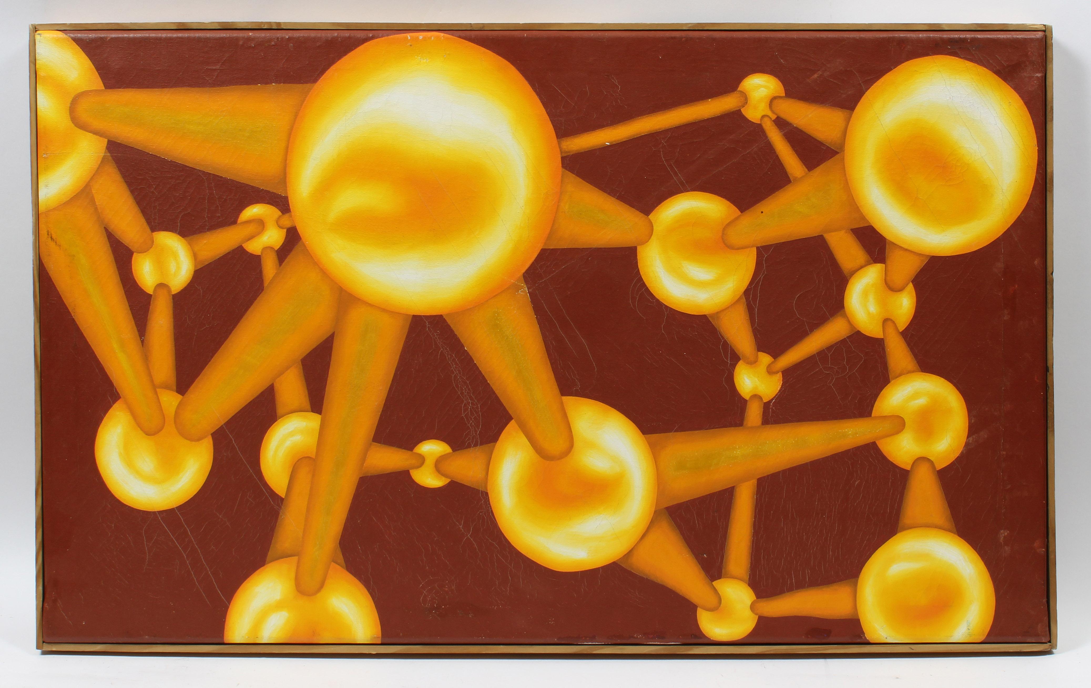 Unknown Abstract Painting – Abstraktes geometrisches Gemälde aus der Mitte des Jahrhunderts Goldkugeln Maroon gerahmt amerikanisch